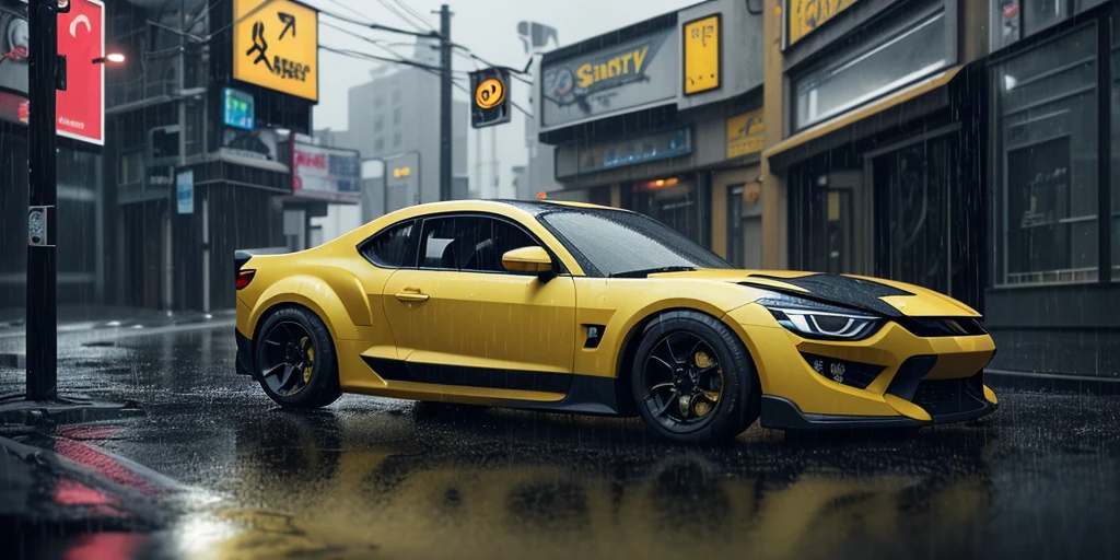 yellow car on a rainy street, octane cgsociety, bumblebee, badass anime 8 k, 4k post, 4 k post, fantasy style, octane trending on cgsociety