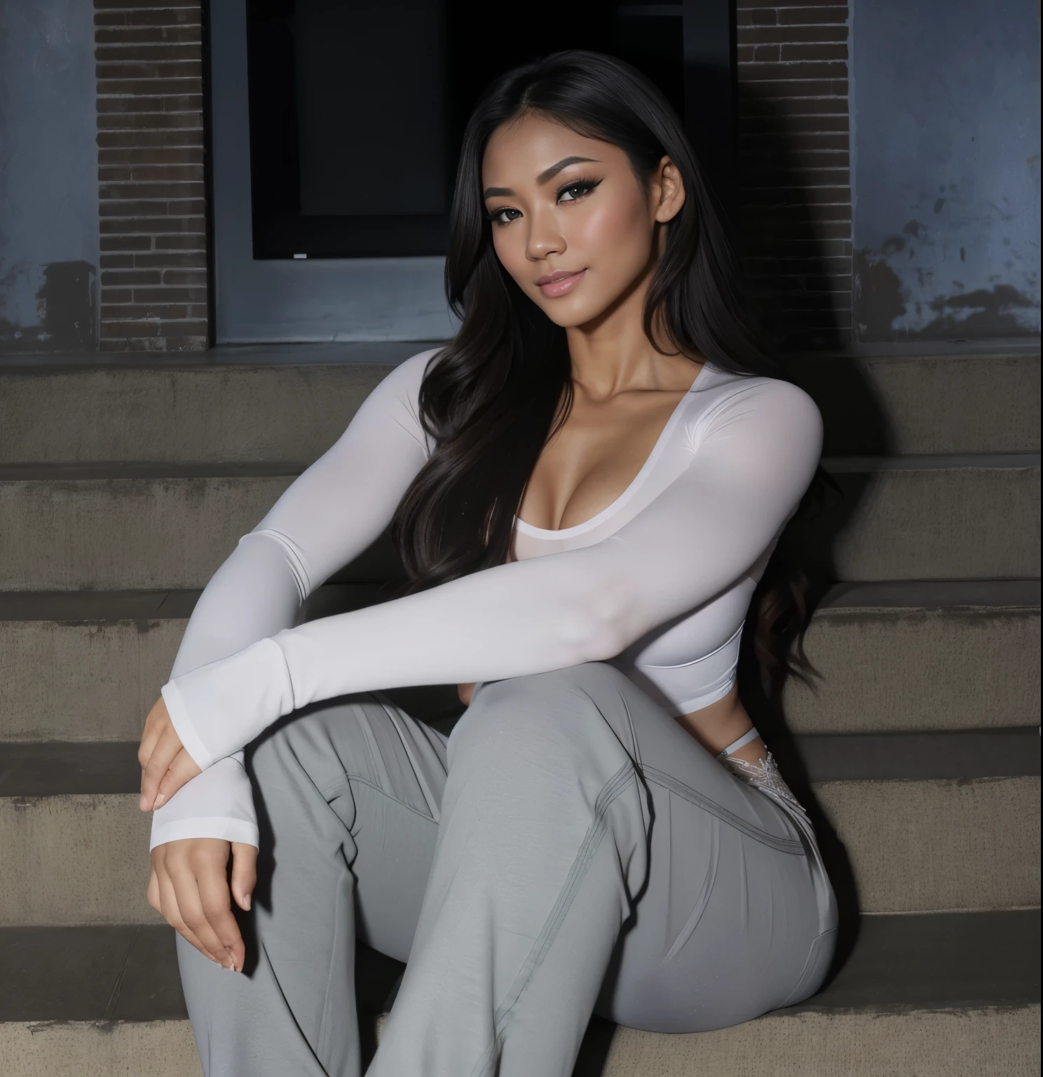 Young Thai woman, Fit physique, fitness physique, wearing sexy black lingerie sitting on the couch with legs open, corps sexy, (8k), (Best quality), (Masterpiece:1.3), (Realstic), (photoreallistic:1.34), Ultra-detailed, [beautiful detailed  eyes], (sourire), (sourire), (beautiful nose detailed), [very long blonde hair], (haut court), lingerie noire, (superbes seins taille normale), (gros plan), profondeur de champ, full body view, sitting on sofa, legs spread, showing crotch, pieds en l'air