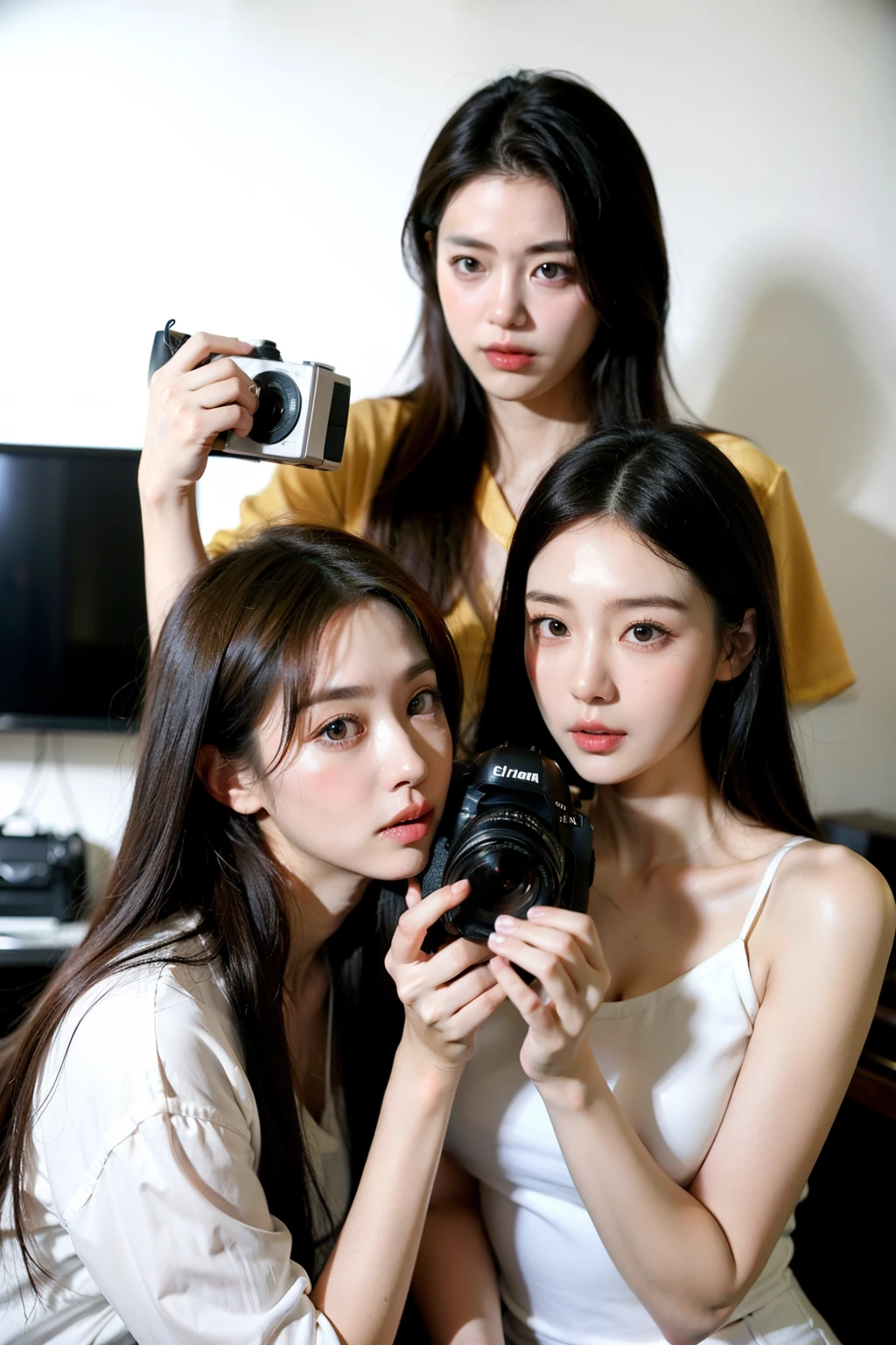 tmasterpiece, Superb Clothing, (illustratio), ((4men)), ((Handsome man holding camera in living room,Three girls looking at man), Fashionab, White color blouse, (Heavily), (white skinned), (dark circles), Handsome, Long-term vision,side looking, (Big background), (lightand shade contrast)), Delicate face details, detail in face, 电影灯光, (depth of fields), hyper HD,
