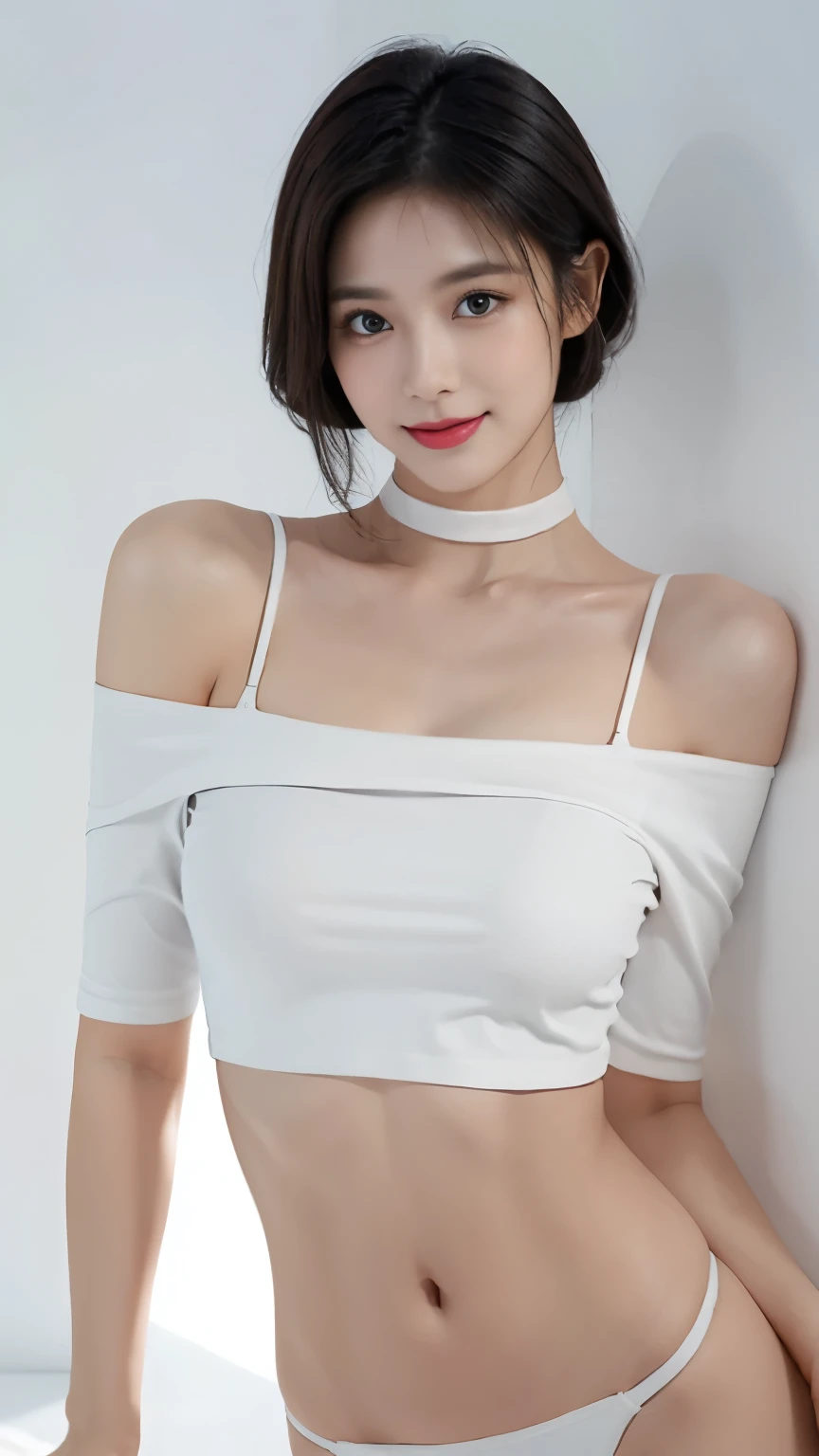 Beautiful Woman, Very , Looking straight at the camera, big breasts looking directly at the camera, sexy expression, chest between arms to make cleavage, Close chest, coquettish smile, happy smiling, Smile, Glossy skin, Big Eyes, highlights in the pupils, Clear eyes, clear double eyelids, eyeslashes, long neck, beautiful short hair, glossy dark black hair, bangss, pure white background, empty background, white color shirt, White Off-Shoulder, shoulder strap, Choker, ears out, arm out, Clothes close to naked body, beautiful belly button