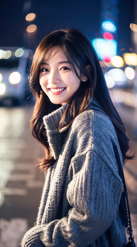 quality、image quality、8K分辨率、Beautiful woman with perfect style、Exclusive jacket、Light sweater、Snowy Night City、smile brightly, 详细的脸, 詳細な目,