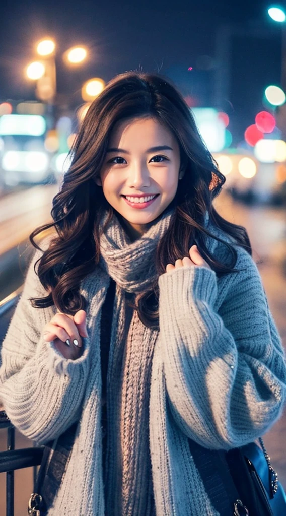 quality、image quality、8K分辨率、Beautiful woman with perfect style、Exclusive jacket、Light sweater、Snowy Night City、smile brightly, 详细的脸, 詳細な目,