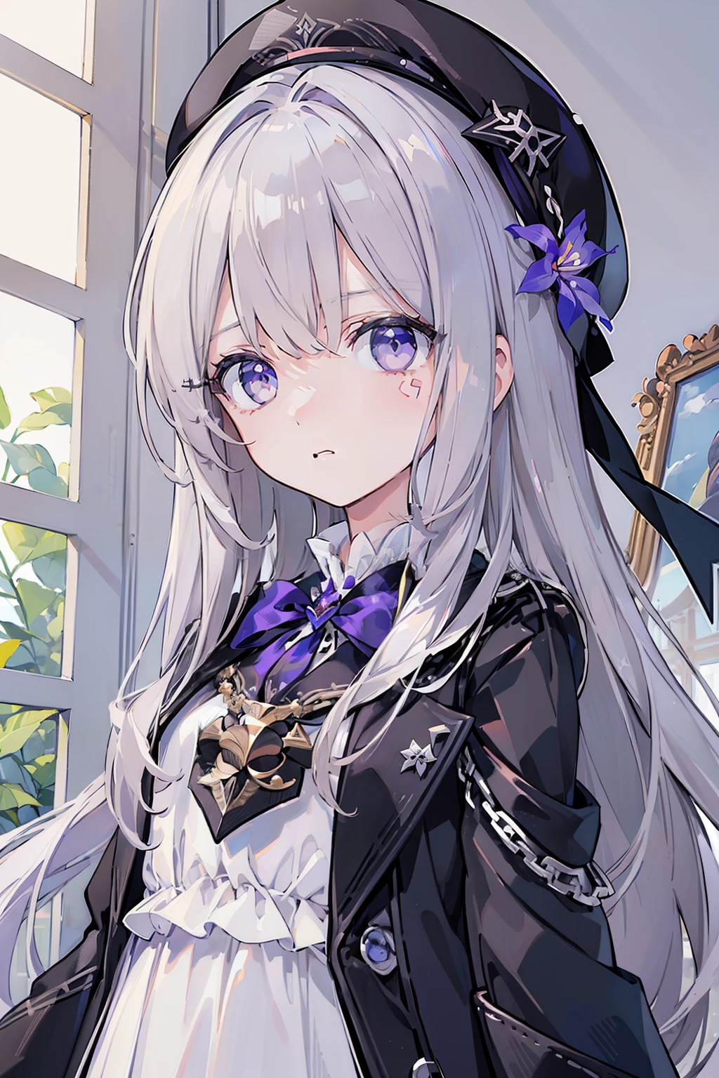 (best quality:1.3), (masterpiece:1.3), (illustration:1.3), (ultra-detailed:1.3), 1girl, solo, very young, flat chest, purple eyes, white hair, long hair, white dress, black coat, upper body, black headwear, beret, serious expression, angry expression, looking at viewer, indoors