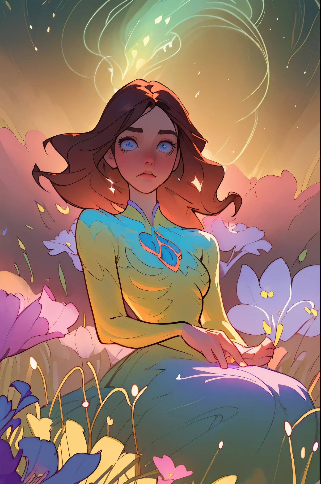 beautiful girl in a flowing dress, long flowing dark hair, beautiful girl sitting in a field of Flowers, Meadow landscape, Flower field background, Flowers, bright pastel colors, (Colorful), Magical lights, Sparkling Lines of Light, inspired Glen Keane, inspired lois van baarle, disney art style, lois van baarle, A glowing aura around her, Glen Keane, jen bartel, glowing lights! Digital Painting, Loose glowing hair, Glowing flowing hair, beautiful digital illustration, Background of Fantasia, whimsical, Magical, Fantasy, beatiful face, ((Masterpiece, Best Quality)), intricate details, Highly detailed, sharp-focus, 8K resolution, Sparkling, detailed eyes, Liquid Watercolor