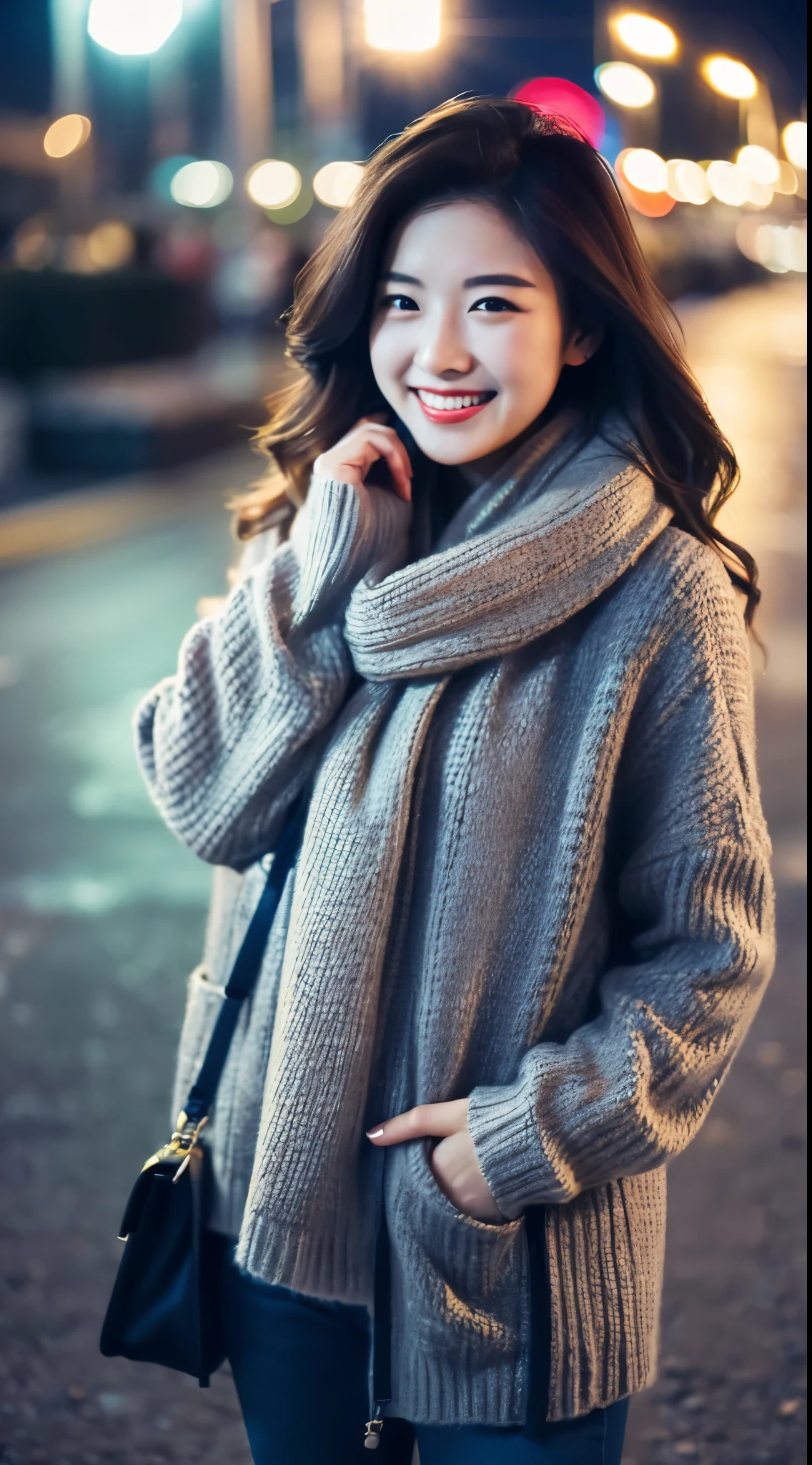 quality、image quality、4K分辨率、Beautiful woman with perfect style、Exclusive jacket、Light sweater、Snowy Night City、light laughter