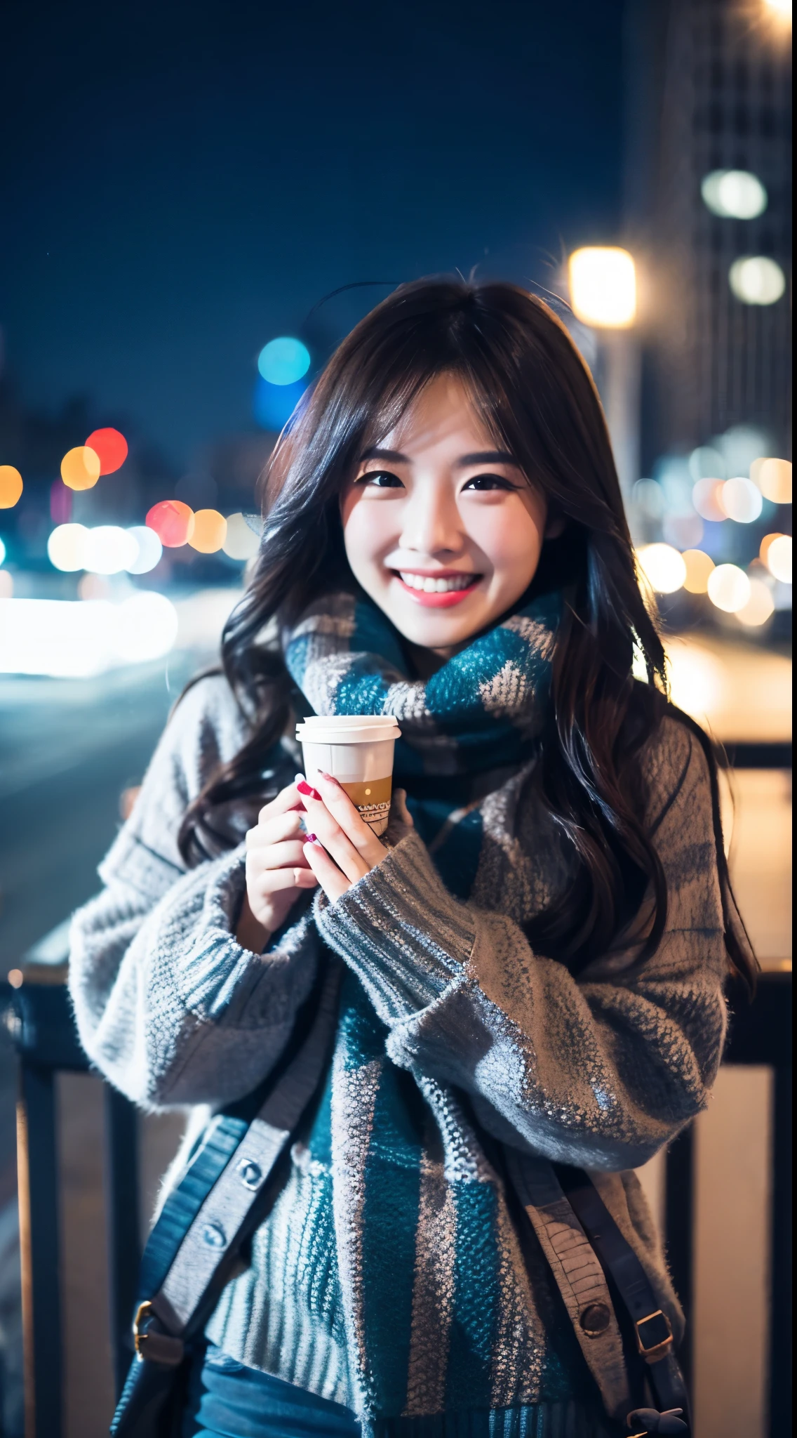 quality、image quality、4K分辨率、Beautiful woman with perfect style、Exclusive jacket、Light sweater、Snowy Night City、light laughter