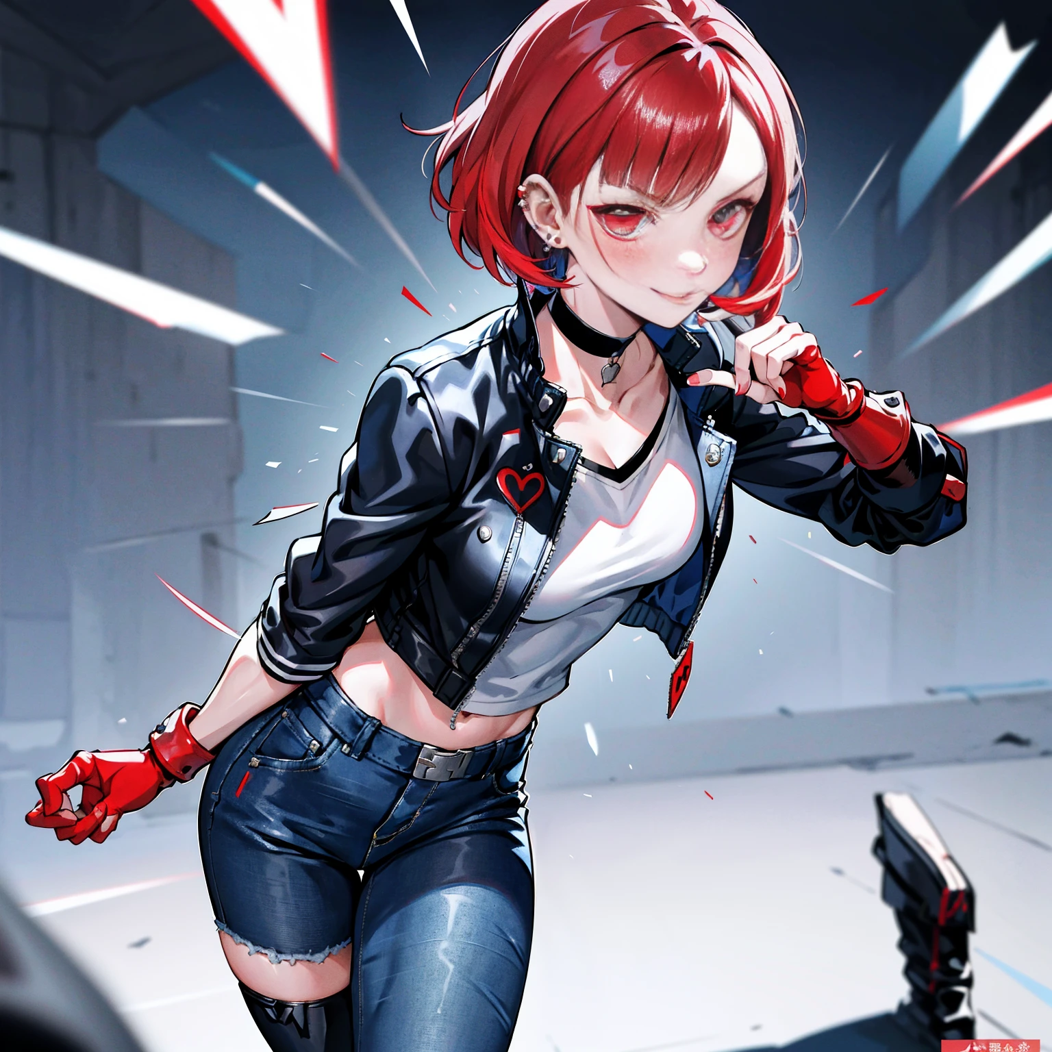 in the art style of persona 5, smal breast, delinquent, (sukeban), mature_female, blush, mature, older woman, 25 years old, Sukeban teacher outfit, (1girl, solo female, solo, solo focus)++++, choker, sukeban teacher, sukeban fighter, long_sleeves, open jacket, blue jacket,( jean)+++, light skin tone female, full body, jacket, biker jacket, tape, arm_support, gloves, red_gloves, bridal gauntlets, nail polish, boots, black_footwear, fighter outfit, full body, hourglass, mature face, cheeky smile, cheeky face, wrinkles, (red hair, short hair, bob cut, earrings, ear piercings), red eyeighting art, Martial arts, standing, fighting_stance, fight, fighting), extra colors, 2D, megapixel, perfectionism, accent lighting, full HD , (Masterpiece:1.2), (full-body-shot:1),(cowboy shot:1.2), (Highly detailed:1.2),(Detailed Face:1.2), Colorful, A detailed eye, (Detailed landscape:1.2), (natural lighting:1.2), ((sukeban school teacher)) by Vincent Di Fate: Aidyllery, Anamorphic Shot, rule of thirds, face by Artgerm and WLOP,