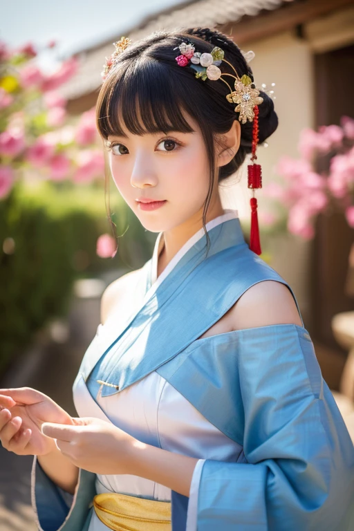 Best Quality, masutepiece, High resolution, 1girl in, Hanfu, Tang Dynasty costumes, Small, flat chest, 鎖骨, Exquisite off-the-shoulder face, Realistic, Real people, (High Detail Skin: 1.4), SLR, Soft light, High quality, Photo, High resolution, Background bokeh, Vintage Street