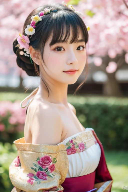 Best Quality, masutepiece, High resolution, 1girl in, Hanfu, Tang Dynasty costumes, Small, flat chest, 鎖骨, Exquisite off-the-shoulder face, Realistic, Real people, (High Detail Skin: 1.4), SLR, Soft light, High quality, Photo, High resolution, Background bokeh, Vintage Street