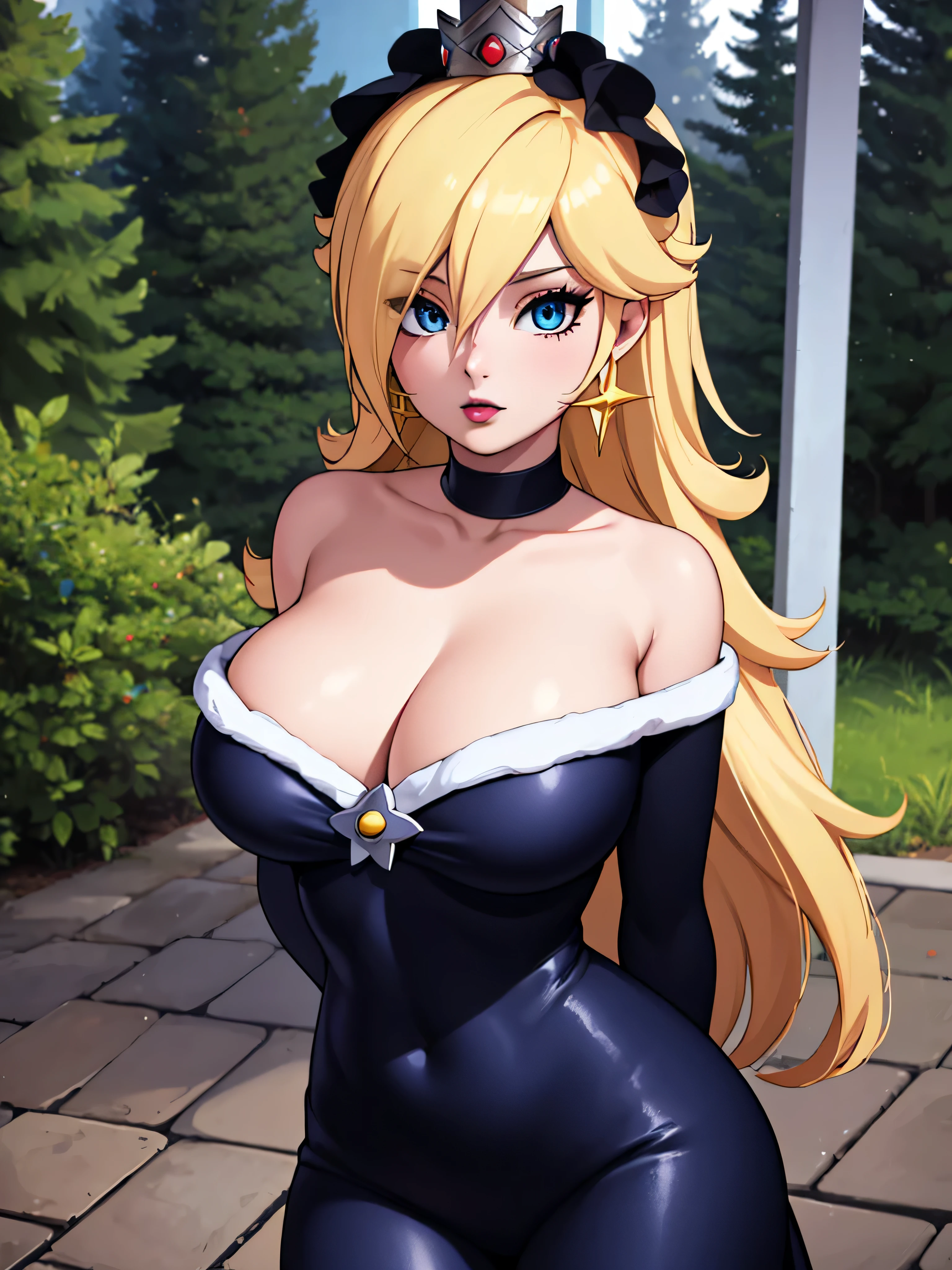 ((high detailed, best quality, 4k, masterpiece, hd:1.3)), ((best quality)), ((HD)), ((8k)), (ultraHD), log cabin, bonfire, Christmas Tree, X-Mas tree, Rosalina with christmas gifts, BREAK blue eyes, seductive, attractive, smooth anime cg art, 36C breasts, long legs, vivid colors, detailed digital art, slim body, perfect skin, blonde hair, BREAK crown, cleavage, looking at viewer, BREAK looking at viewer, extremely detailed face, blue_santa_dress, blue_santa_claus_dress, santa claus dress, winter dress, earrings, gem, dark black makeup lips, dark gothic eyeshadows, dark eyeshadows, black eyeshadows, black sexy lips, black lips, (dark:1.2), dark lips, very dark lips, (perfect hands, perfect anatomy), black makeup, black medium lips, detailed fingers, five fingers per hand, 5 fingers, (1 girl), (solo:1.3), detailed lips, detailed black lips, black painted lips, gothic painted lips, (breast focus), (arms behind back:1.2), (from above:1.1), (breasts out:1.3), (off shoulder:1.1),