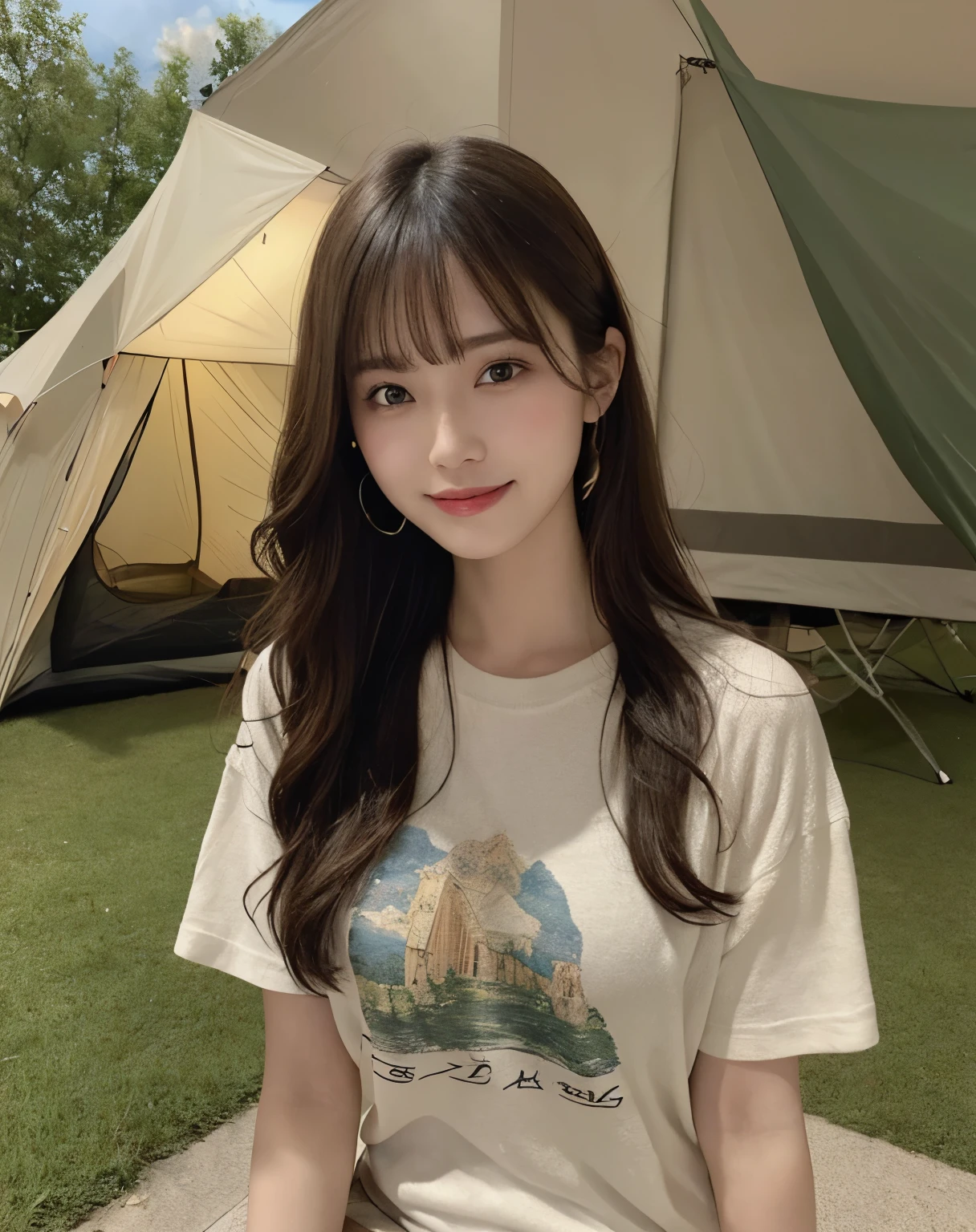 masterpiece, Best Quality, Illustration, Ultra-detailed, finely detail, high resolution, 8K Wallpaper, Perfect dynamic composition, Beautiful detailed eyes, Big breasts, Natural Color Lip, posing randomly, Smile, ((camping)), 20 years girl, full body shot, long hair, ((wearing t-shirt)), looking in front, sitting