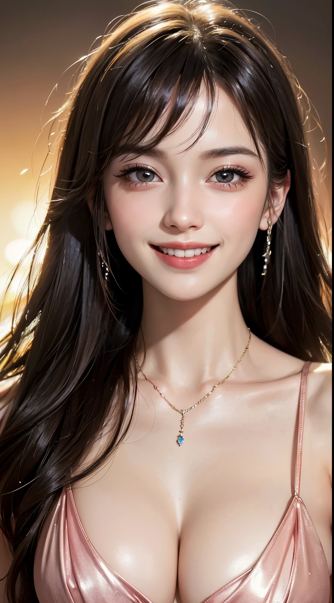 (UHD, retina, masterpiece, accurate, anatomically correct, textured skin, super detail, high details, high quality, best quality, high res, 1080P, HD, 4K, 8k, 16k), (beautiful detailed eyes, beautiful detailed lips, extremely detailed eyes and face), soft lighting, physically-based rendering, vivid colors, (large breasts, glamorous body), (plunging neckline top), (portrait, shiny hair, shiny skin, blush), (bokeh), eye reflection, (smile and laugh:1.5),