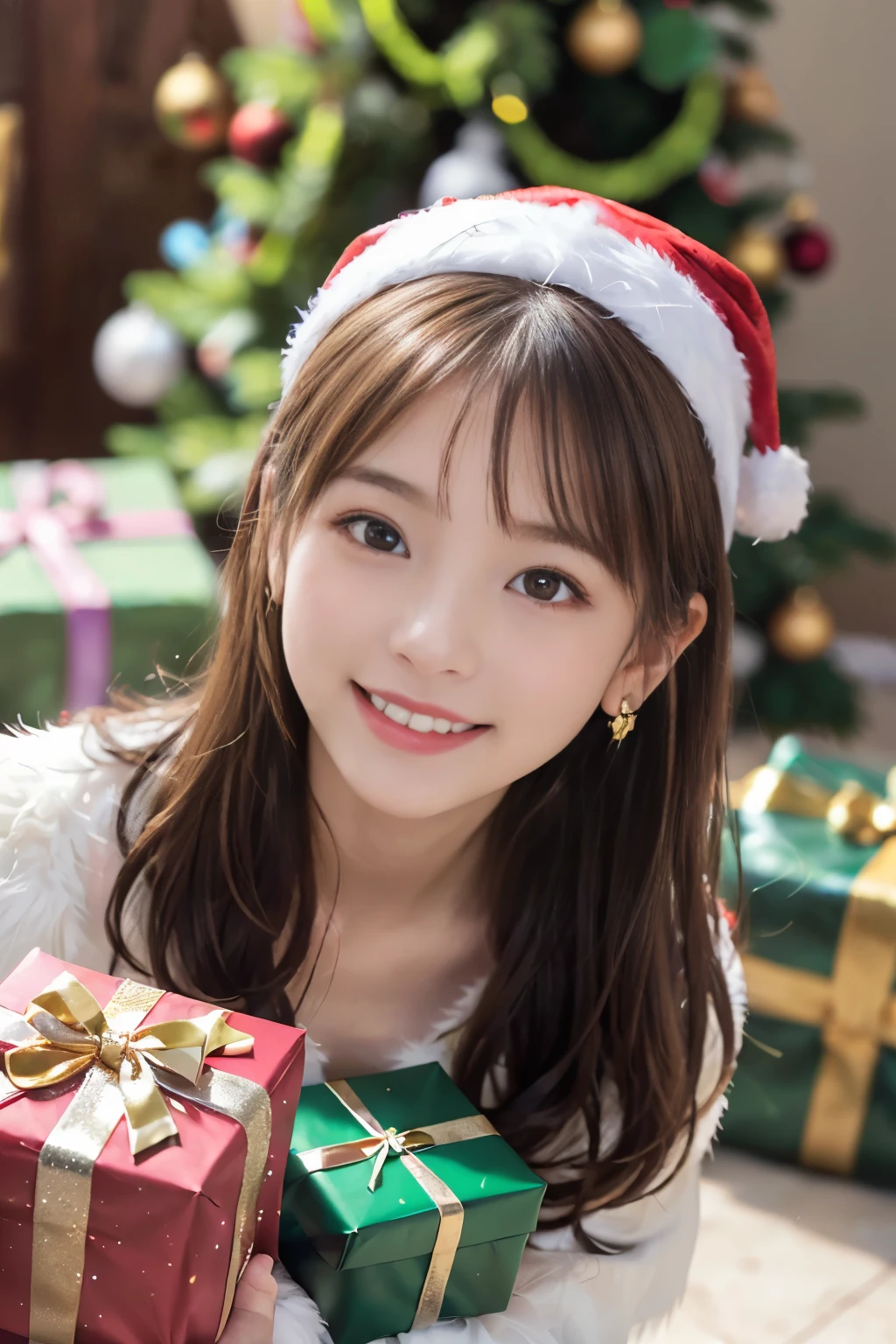 Japanese ido ,((Cute ,:1.2)),(8K, Raw photo, ultra-detailliert, Best Quality:1.2), (Realistic, Photorealsitic:1.4), (Insanely detailed, 超A high resolution ,Beautiful, masutepiece:1.2), ,very detailed face and eyes,Shiny skin,(Upper body:1.Professional Lighting,Soft light, Sharp Focus, depth of fields,Medium Hair,Earring, ( Christmas Costumes:1.2),(Smile:1.3),Bokeh,(Dynamic Angle:1.5),( christmas tree and presents」 - There is a large Christmas tree in the center、Surrounded by colorfully wrapped presents.。. The tree is decorated with gold and silver ornaments, topped with shining stars:1.3)