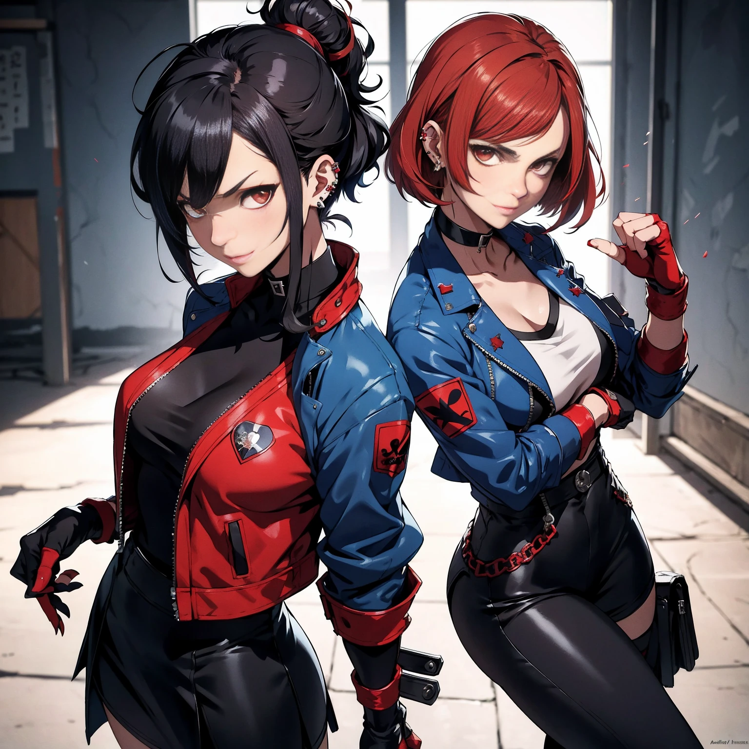 in the art style of persona 5, smal breast, delinquent, (sukeban), mature_female, blush, mature, older woman, 25 years old, Sukeban teacher outfit, (1girl, solo female, solo, solo focus)++++, choker, sukeban teacher, sukeban fighter, long_sleeves, open jacket, blue jacket,( jean)+++, light skin tone female, full body, jacket, biker jacket, tape, arm_support, gloves, red_gloves, bridal gauntlets, nail polish, boots, black_footwear, fighter outfit, full body, hourglass, mature face, cheeky smile, cheeky face, wrinkles, (red hair, short hair, bob cut, earrings, ear piercings), red eyeighting art, Martial arts, standing, fighting_stance, fight, fighting), extra colors, 2D, megapixel, perfectionism, accent lighting, full HD , (Masterpiece:1.2), (full-body-shot:1),(cowboy shot:1.2), (Highly detailed:1.2),(Detailed Face:1.2), Colorful, A detailed eye, (Detailed landscape:1.2), (natural lighting:1.2), ((sukeban school teacher)) by Vincent Di Fate: Aidyllery, Anamorphic Shot, rule of thirds, face by Artgerm and WLOP,