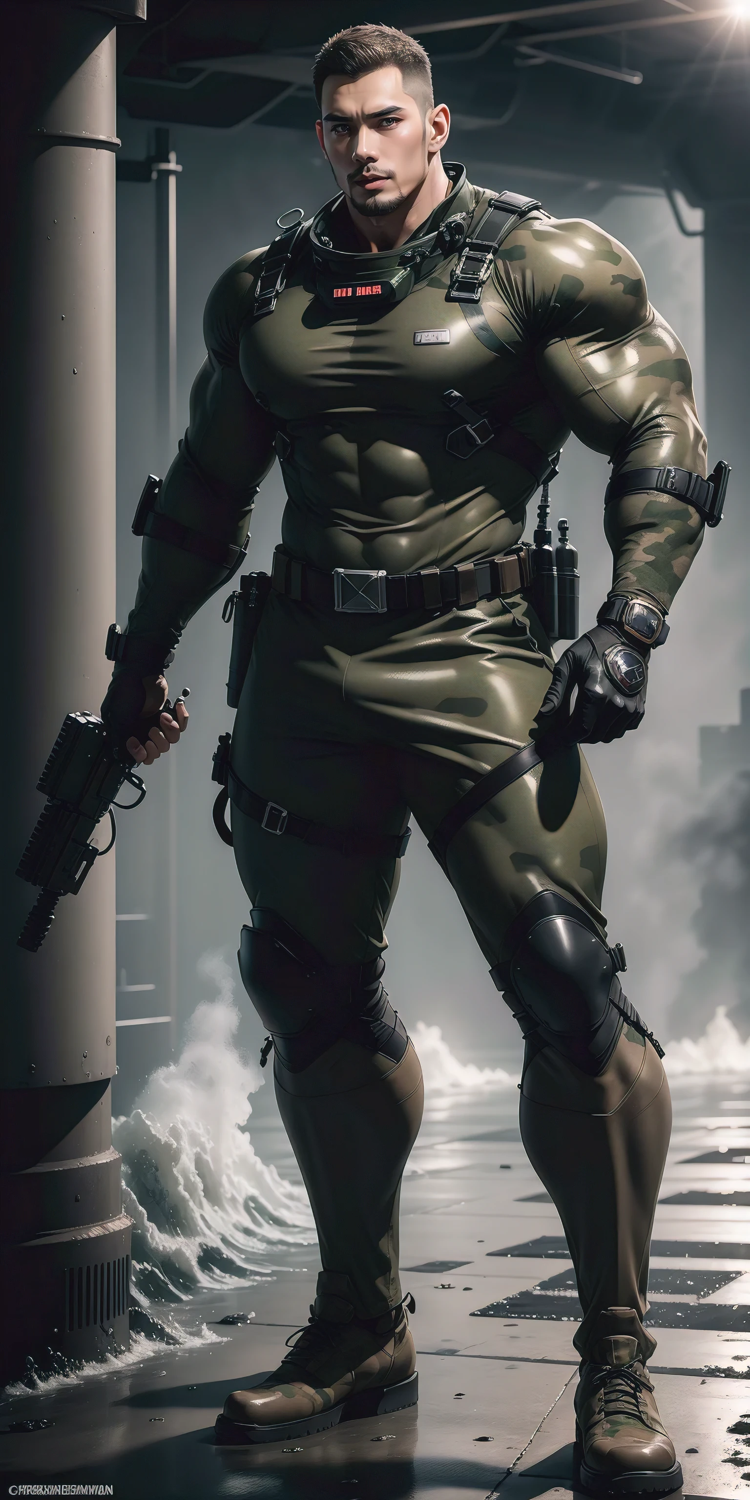 A tall, humongous large breast, Muscular man screaming with his mouth open.，Brown and gray camouflage clothing，character  design（Resident Evil - Chris Redfield，Chris Redfield）Wearing a brown and gray camouflage diving suit，Matte texture，Regular symmetrical texture pattern，Standing on the street with octopus tentacles, Lots of slime octopus and sludge，expression sad，Deep and charming eyes，The hero with emerald pupils，heroic masculine pose，Tall and burly，musculous！Charming leg muscles，tall, Burly, and strong， Wearing a brown and gray camouflage diving suit， Super gain and cool， commission for high resolution， Big feet in black boots，Charming strong man，Bright sunlight shines on the body，Matte particles with shiny texture