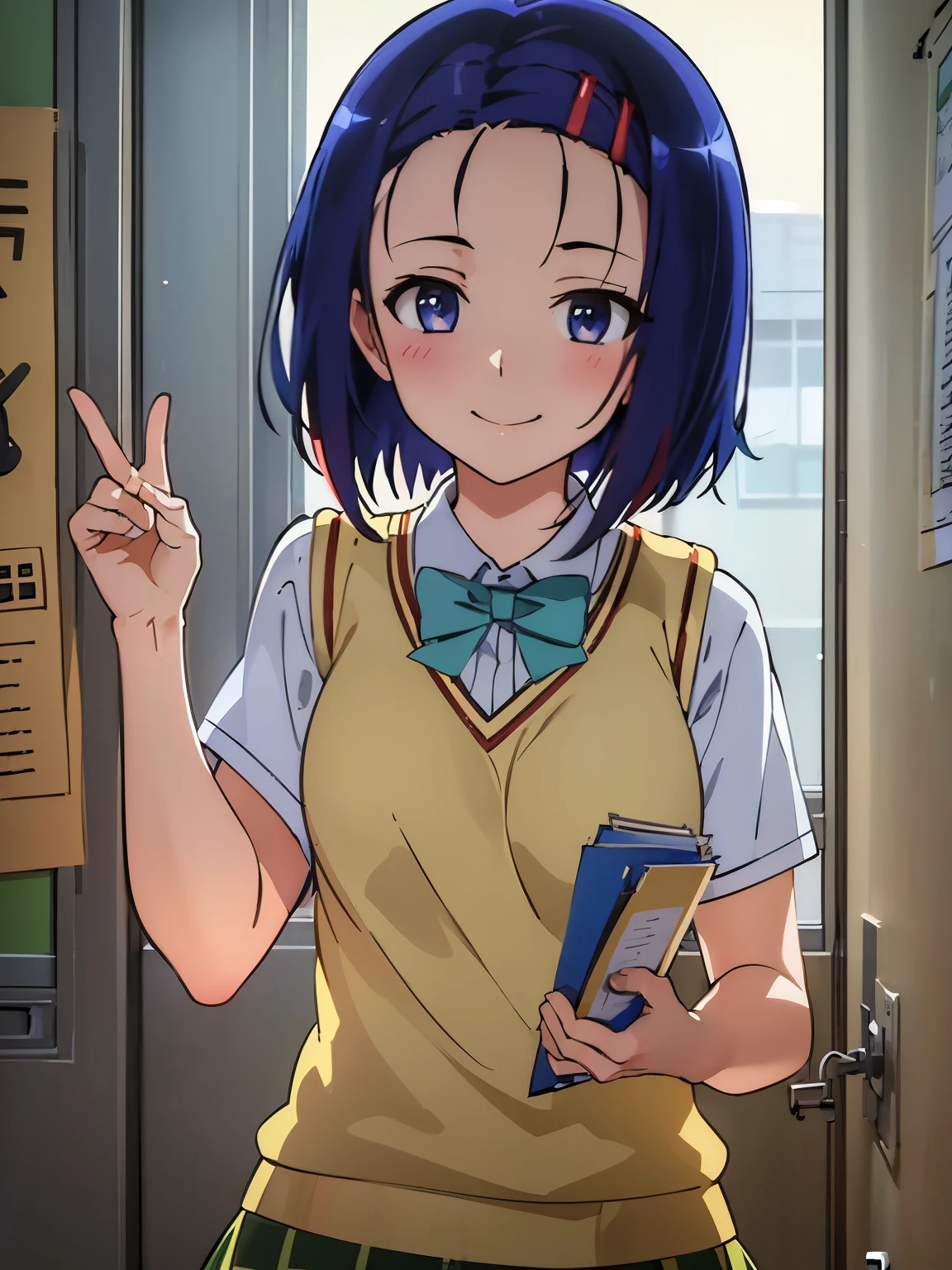 ((( masterpiece ))) Background : ( classroom, bright ). Character ; ( 1girl, standing, Haruna Sairenji, shy smiles, wearing school uniform,  red hairclip, forehead, Blue short hair,, looking at viewer )