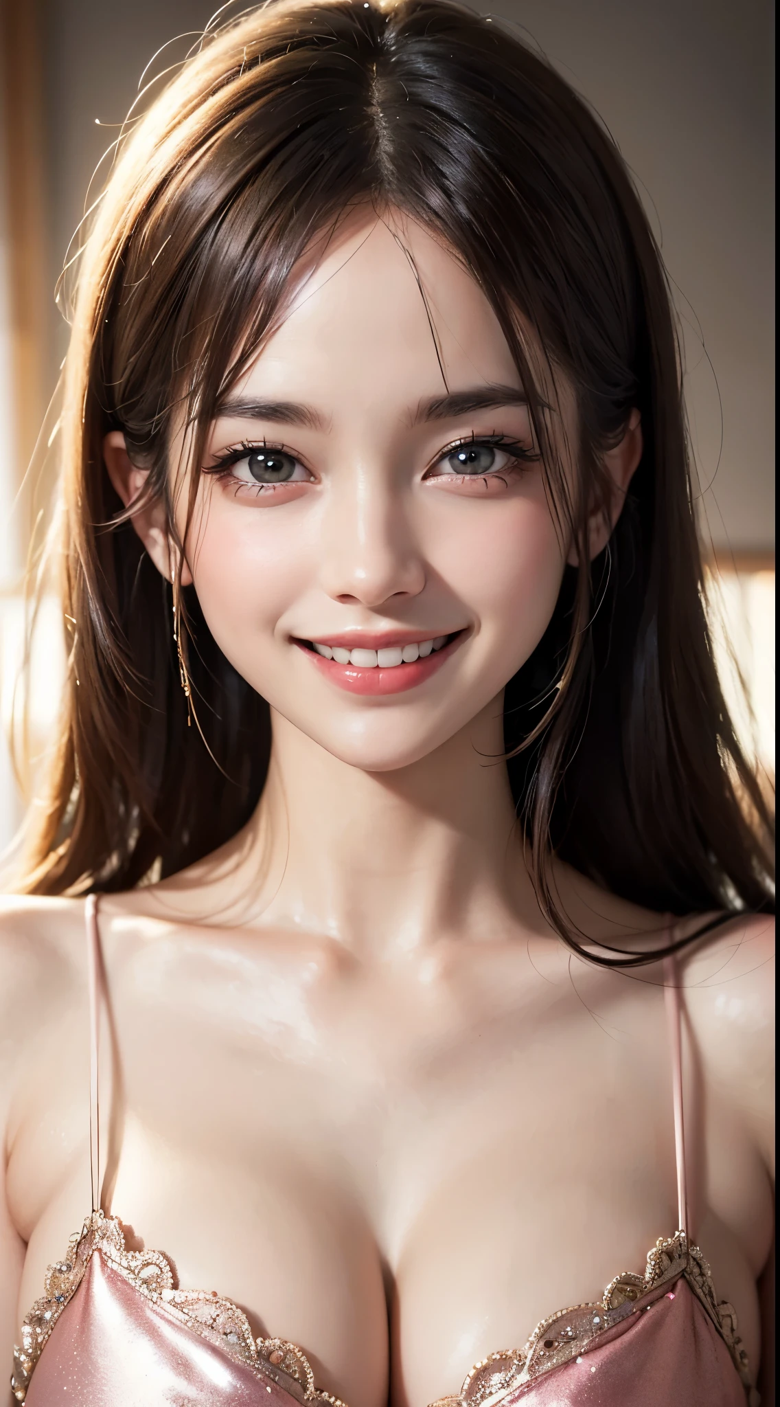 (UHD, retina, masterpiece, ccurate, anatomically correct, textured skin, super detail, high details, high quality, best quality, highres, 1080P, HD, 4K, 8k, 16k), (beautiful detailed eyes, beautiful detailed lips, extremely detailed eyes and face), studio lighting, physically-based rendering, vivid colors, (large breasts, glamorous body), (simple shirt dress), (portrait, shiny hair, shiny skin, blush), (natural light window, bokeh), eye reflection, jet black hair, (smile and laugh:1.5),