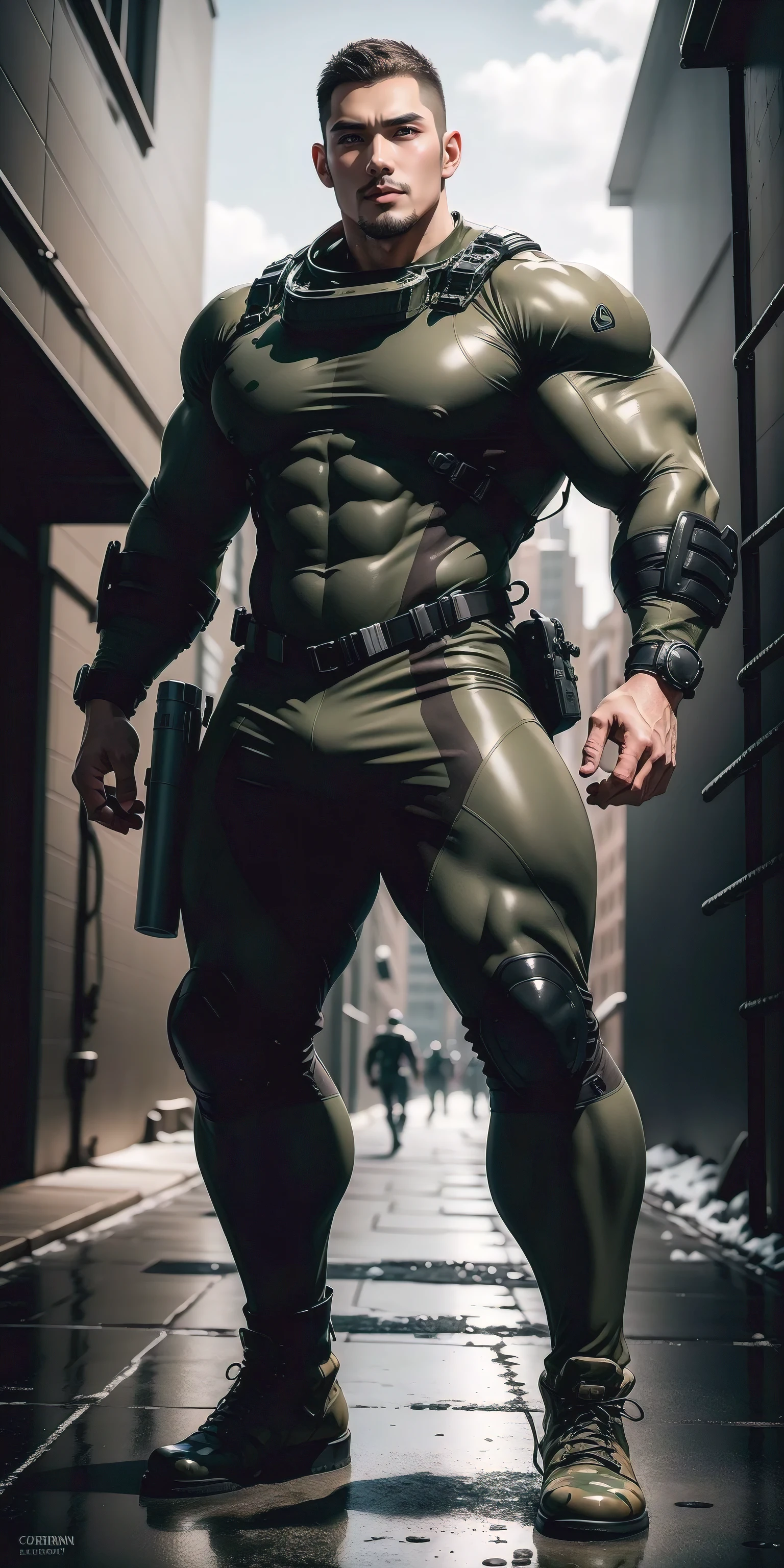 A tall, humongous large breast, Muscular man screaming with his mouth open.,Brown and gray camouflage clothing,character design(Resident Evil - Chris Redfield,Chris Redfield)Wearing a brown and gray camouflage diving suit,Matte texture,Regular symmetrical texture pattern,Standing on the street with octopus tentacles, Lots of slime octopus and sludge,expression sad,Deep and charming eyes,The hero with emerald pupils,heroic masculine pose,Tall and burly,musculous!Charming leg muscles,tall, Burly, and strong, Wearing a brown and gray camouflage diving suit, Super gain and cool, commission for high resolution, Big feet in black boots,Charming strong man,Bright sunlight shines on the body,Matte particles with shiny texture