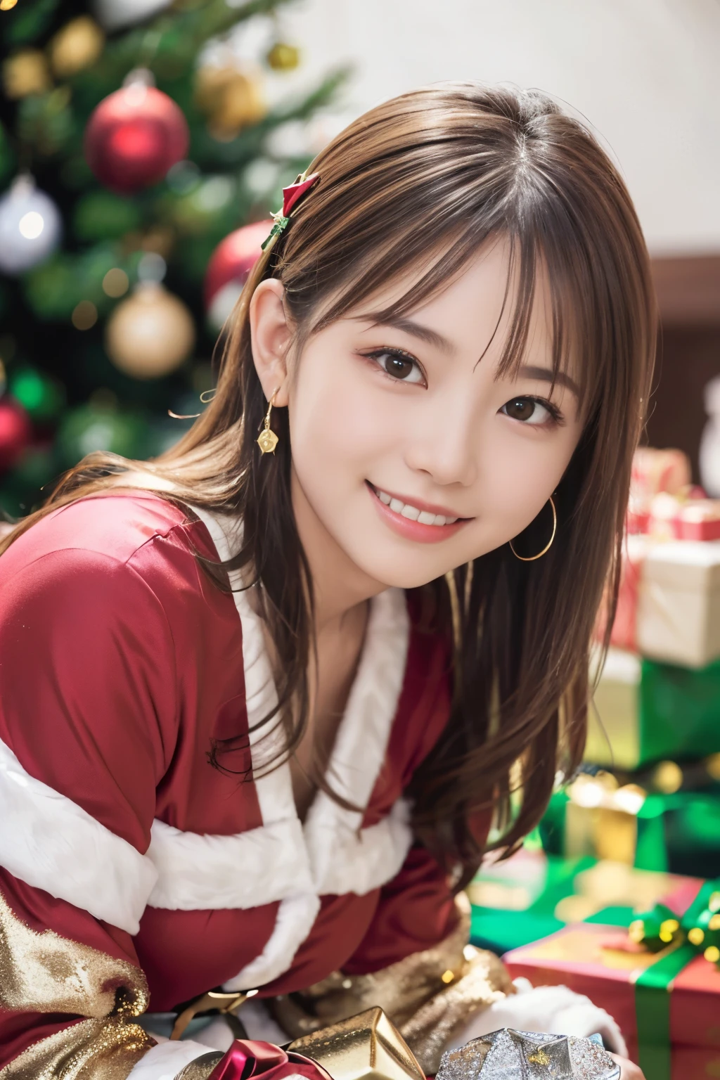 Japanese ido ,((Cute ,:1.2)),(8K, Raw photo, ultra-detailliert, Best Quality:1.2), (Realistic, Photorealsitic:1.4), (Insanely detailed, 超A high resolution ,Beautiful, masutepiece:1.2), ,very detailed face and eyes,Shiny skin,(Upper body:1.Professional Lighting,Soft light, Sharp Focus, depth of fields,Medium Hair,Earring, ( Christmas Costumes:1.2),(Smile:1.3),Bokeh,(Dynamic Angle:1.5),( christmas tree and presents」 - There is a large Christmas tree in the center、Surrounded by colorfully wrapped presents.。. The tree is decorated with gold and silver ornaments, topped with shining stars:1.3)