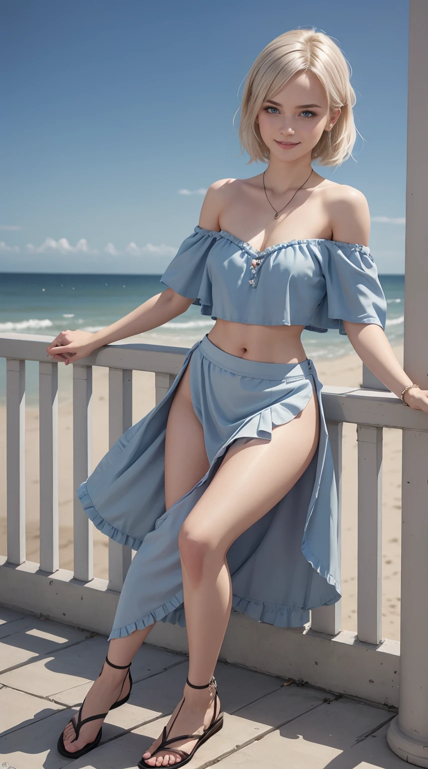 24-year-old Caucasian woman、hair is platinum blonde、Eye color is blue、Medium hair、Slender but well-proportioned muscular man、She is wearing an off-shoulder top with frilly frills.、She is wearing a low-rise pleated skirt.、Wearing sandals、Leaning on the railing at the seaside park in town、a smile