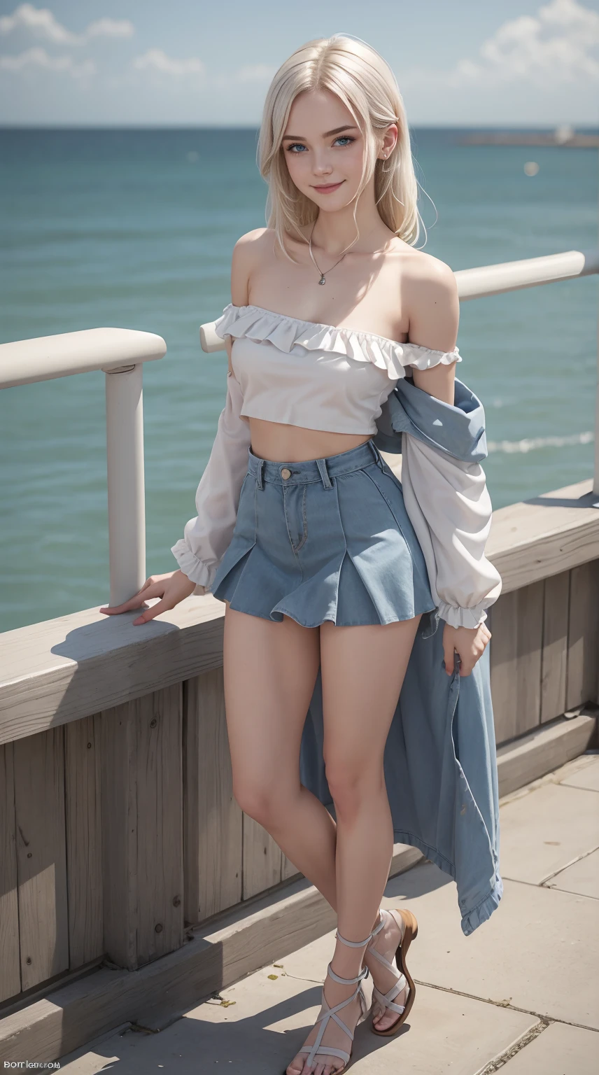 24-year-old Caucasian woman、hair is platinum blonde、Eye color is blue、Medium hair、Slender but well-proportioned muscular man、She is wearing an off-shoulder top with frilly frills.、She is wearing a low-rise pleated skirt.、wearing sports shoes、Leaning on the railing at the seaside park in town、a smile