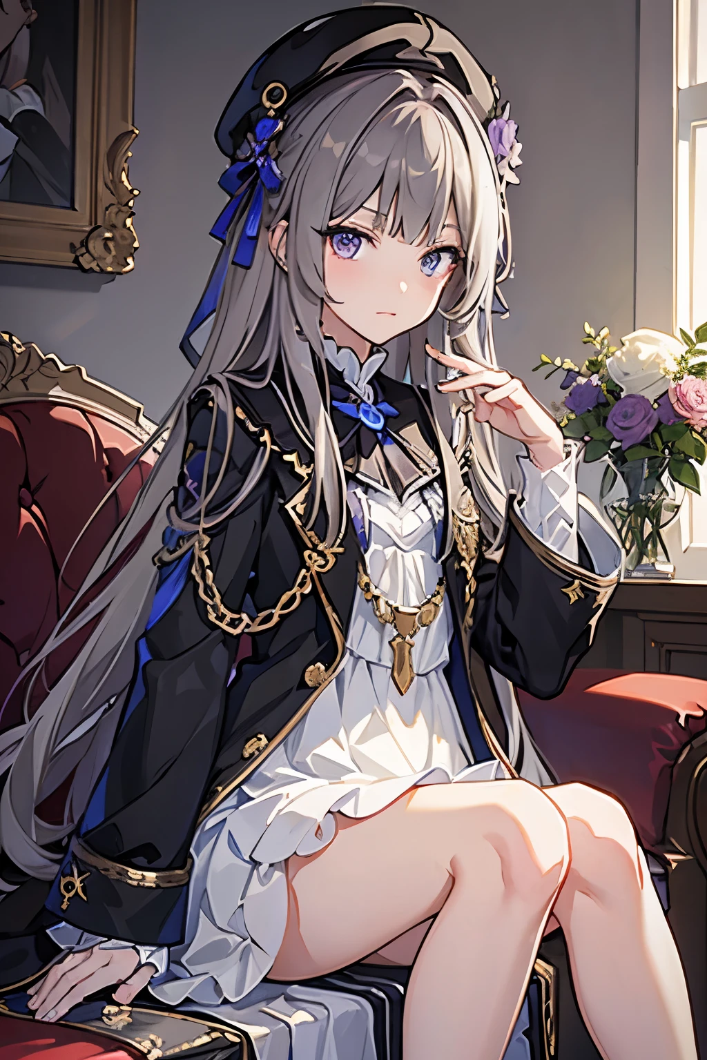 (best quality:1.3), (masterpiece:1.3), (illustration:1.3), (ultra-detailed:1.3), 1girl, solo, very young, flat chest, purple eyes, white hair, long hair, white dress, black coat, black headwear, beret, serious expression, angry expression, looking at viewer, indoors, short, sitting