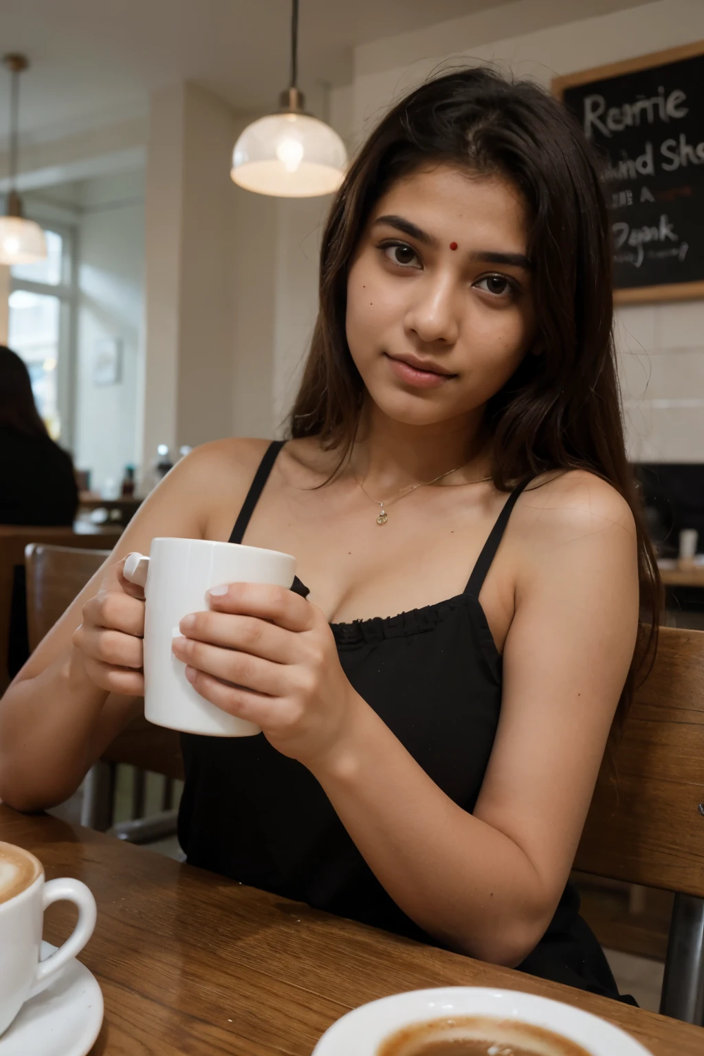 Beautiful age Indian girl photoshoot in café drinking coffee