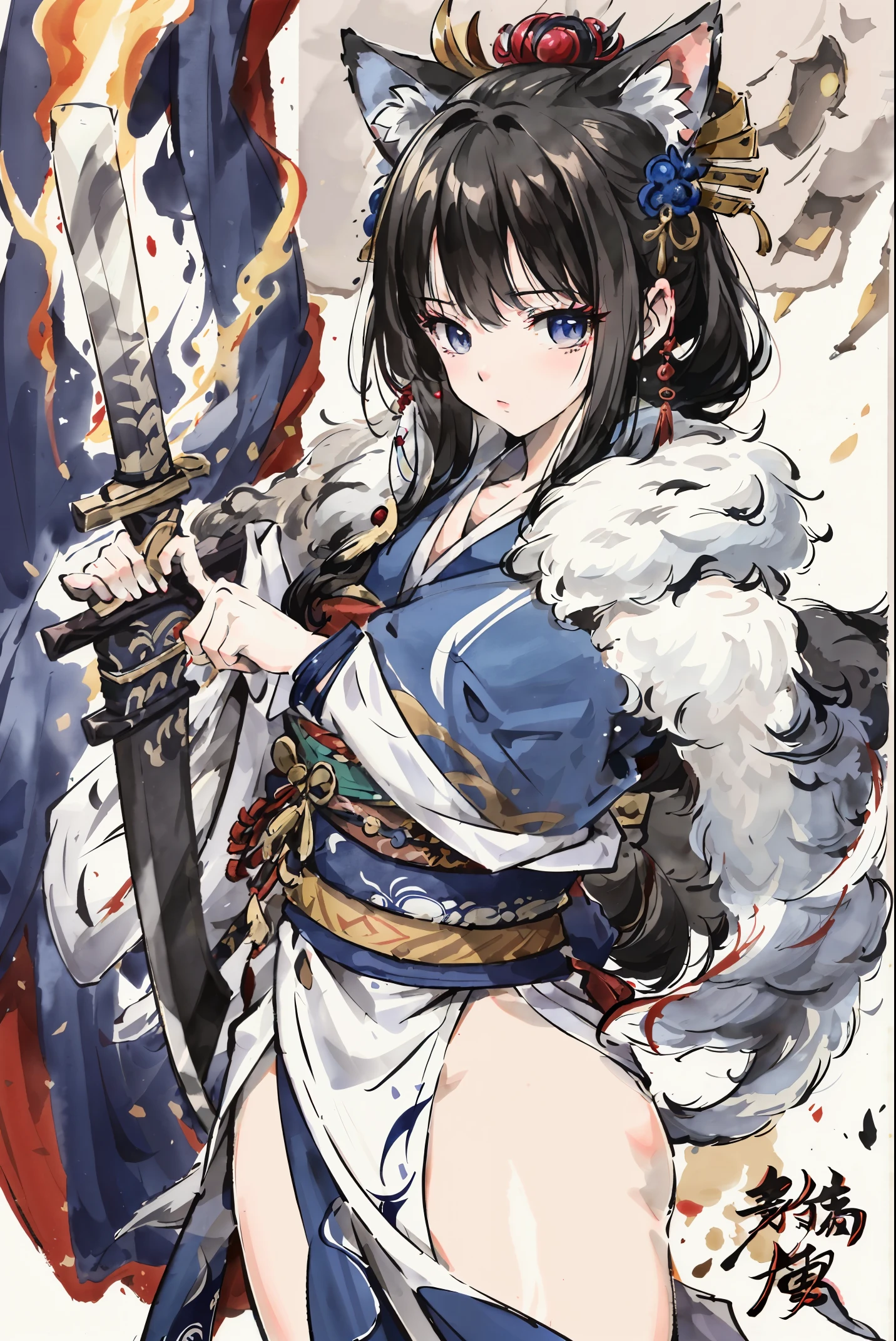 cover page, highres, top quality, best quality, paid reward available, unparalleled masterpiece, perfect artwork, absurdres, High-quality illustrations, super high resolution, detailed background, shuimobysim, perfect anatomy (furry, anthro, kemono, solo focus, Japanese kimono, ninja, samurai, sword with blue flames, battle duels),