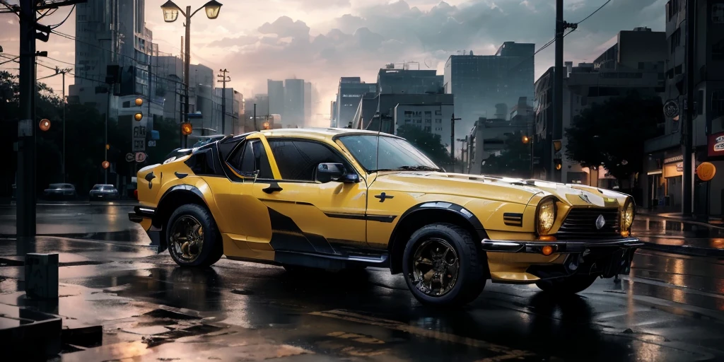 yellow car on a rainy street, octane cgsociety, bumblebee, badass anime 8 k, 4k post, 4 k post, fantasy style, octane trending on cgsociet