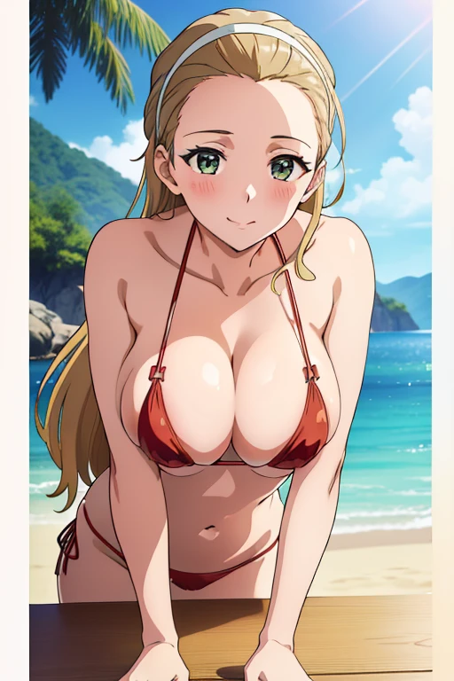 (masterpiece, top-quality, detaile, hight resolution, extremely delicate and beautiful, anime screen cap, anime colours, 8k, photorealistic), (red Micro Bikini:1.5), (huge drooping breasts:1.5, cleavage:1.5), akebi sasaki, hairband, 1girl, (), dark green eyes, smile, blush, ((leaning forward:1.5, Upper body, slim:1.5)), ((perfect detailed anatomy, Beautiful details eyes&hair, beautiful face, beautiful detailed breast&body, Shiny skin)), in poolside, Sweat,