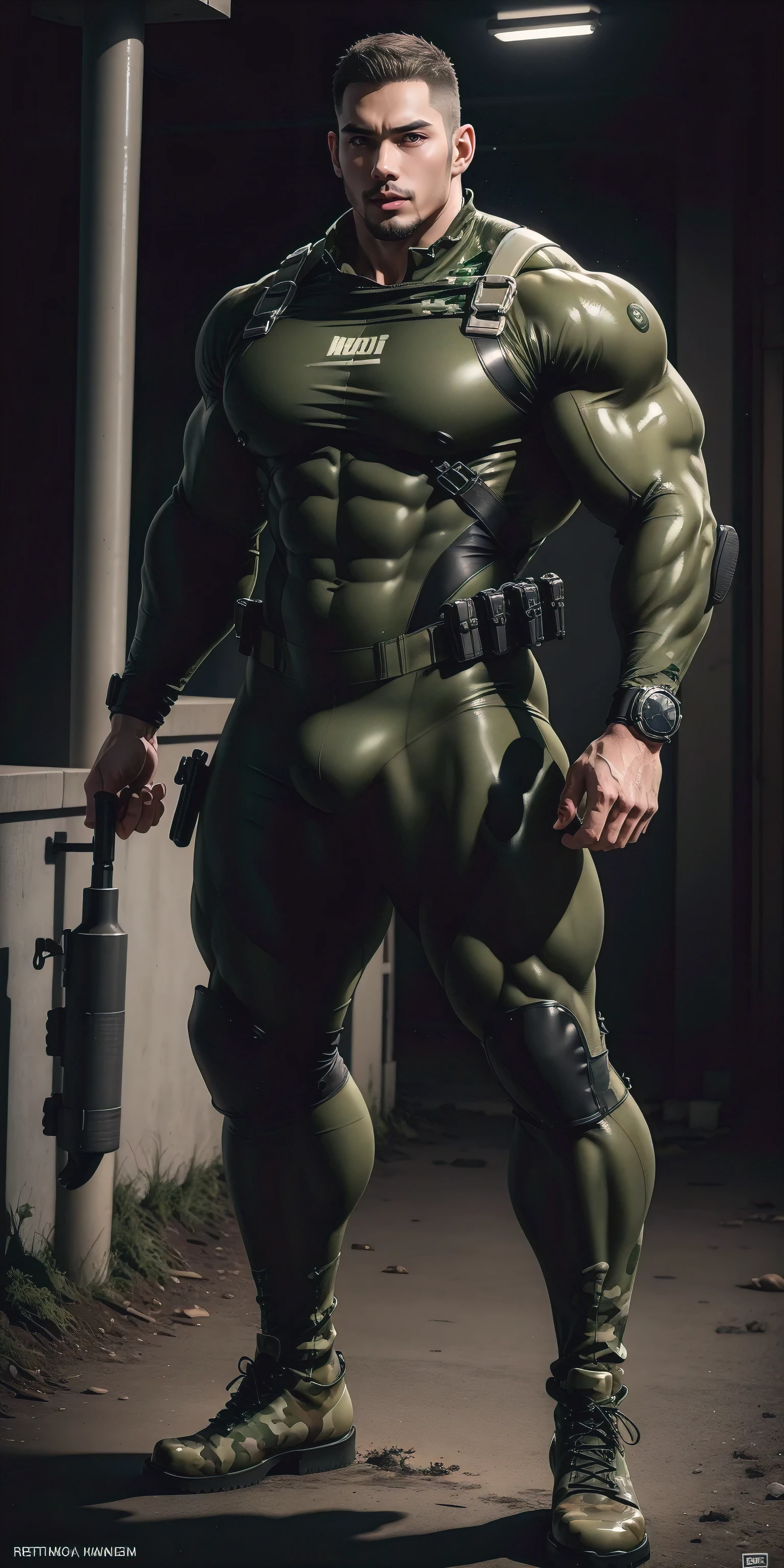 A tall, humongous large breast, Muscular man screaming with his mouth open.，Khaki camouflage uniform，character  design（Resident Evil - Chris Redfield，Chris Redfield）Wearing a khaki camouflage wetsuit，Matte texture，Regular symmetrical texture pattern，Standing on the street with octopus tentacles, Lots of slime octopus and sludge，expression sad，Deep and charming eyes，The hero with emerald pupils，heroic masculine pose，Tall and burly，musculous！Charming leg muscles，tall, Burly, and strong， Wearing a khaki camouflage wetsuit， Super gain and cool， commission for high resolution， Big feet in black boots，Charming strong man，Bright sunlight shines on the body，Matte particles with shiny texture