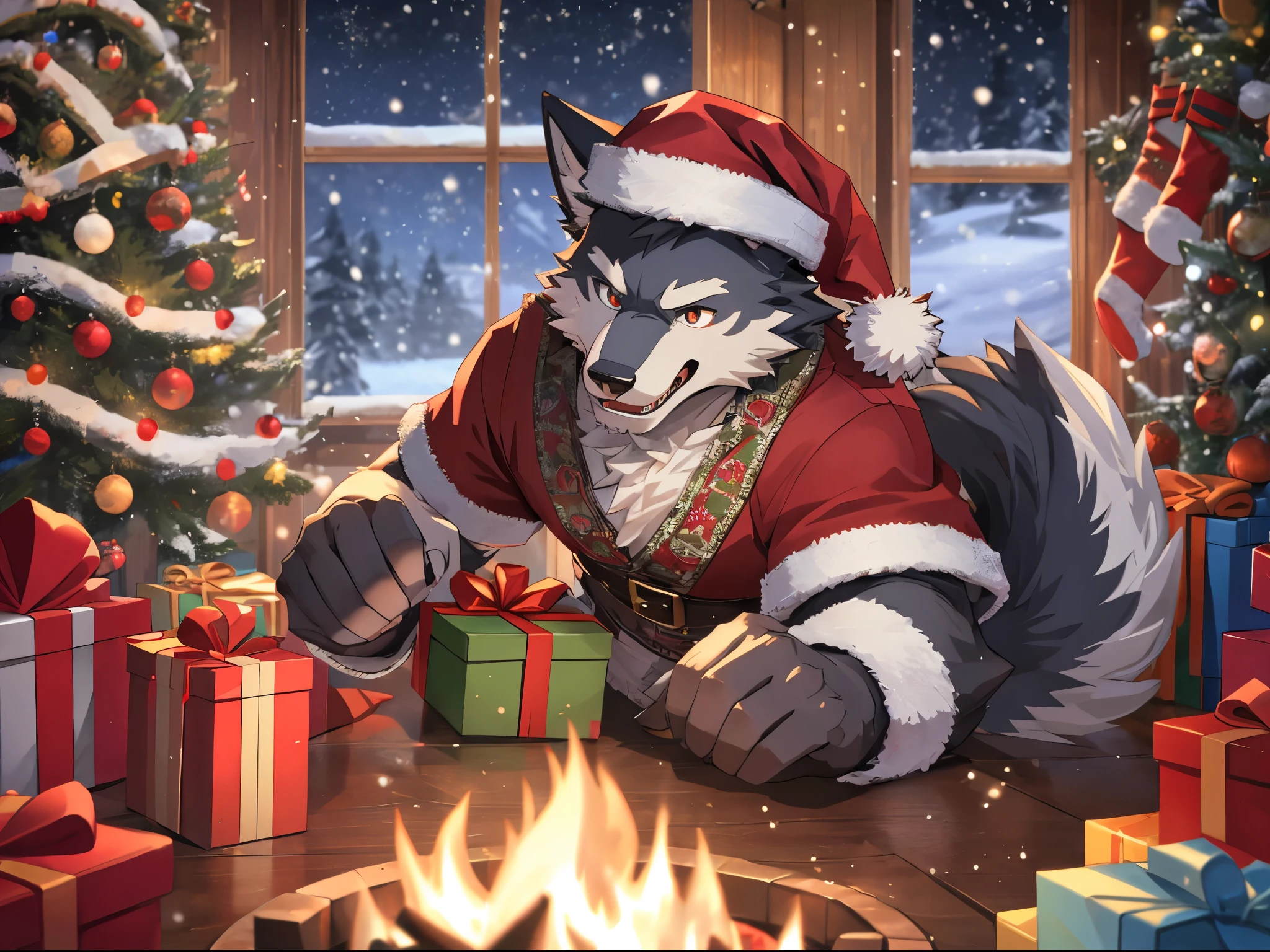 Anthro((dramatic))epic, dynamic pose, One scene of movie, An extreme perspective with a powerful composition, absurdres, Perfect Anatomy, magnificent picture of kemono fighting fierce battles, (ultra detailed), sharp focus, niji, eyesgod, black eye, furry, light-white fur, brown fur, white beard, anthro (wolf), male, middle-aged, gray body, white belly, tail, muscular, knight costume, santa costume, santa hat, long red cherry cloak, ultra detailed face, depth of field, motion blur, (best quality), (masterpiece), high details, high quality, award winning, highres, HD, 16k, unwrapping a beautifully wrapped Christmas gift, detailed wrapping paper and ribbons, joyful expression on his face, sparkling eyes, excitedly opening the gift, surrounded by a warm and cozy living room decorated with Christmas ornaments and twinkling lights, fireplace crackling with a roaring fire, snow falling softly outside the window, capturing the magic and excitement of Christmas morning. (best quality,4k,8k,highres,masterpiece:1.2),ultra-detailed,realistic:1.37,HDR,UHD,studio lighting,extreme detail description,professional,vivid colors,bokeh,Christmas lights,soft snowfall,joyful atmosphere