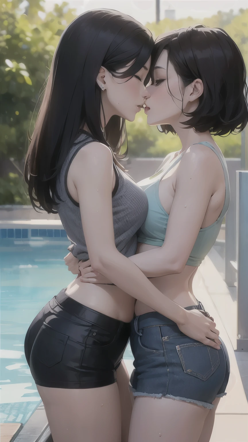 ((top-quality、8K、masterpiece:1.3))、a beauty girl、Slender body type:1.1、Toned abs、confusing、dark brown hair、hyperdetailed face、Detailed lips、A detailed eye、二重まぶた、Two women having fun by the pool、obscenity:1,2、Metamorphosis:1,2、Lesbian Mika:1,2、Grabbing each other's buttocks、(the kiss)、red blush、((Wet T-shirt))、shortpants、tre anatomically correct