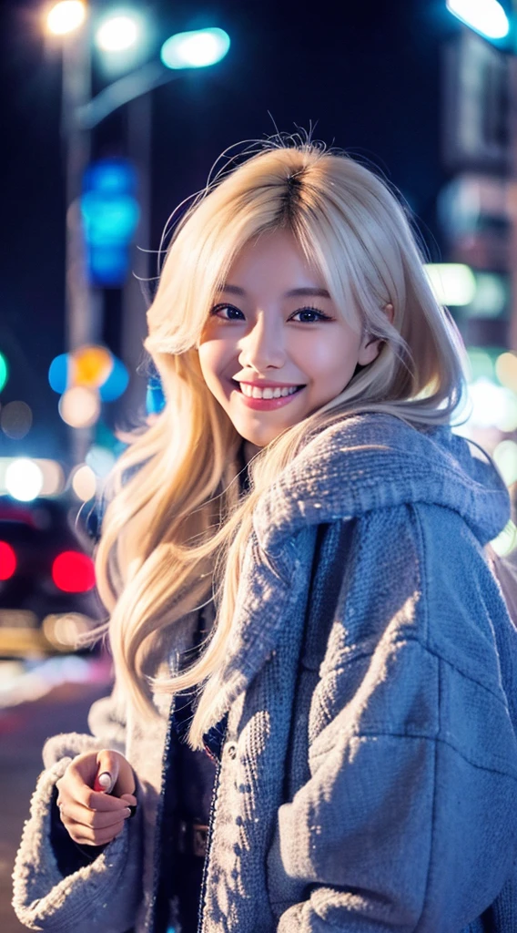 quality、image quality、8K分辨率、Beautiful woman with perfect style、coiffed blonde hair，Exclusive jacket、Light sweater、Snowy Night City、smile brightly, 详细的脸, 詳細な目,