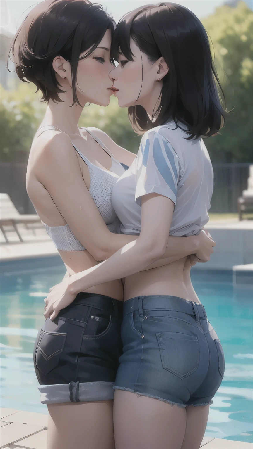 Real, 8k,
(Passionate scene), (((Two young high school girls kissing)))
(Intense emotions), , (((Kissing: 1.1)))) , , , (Bob cut hair), Mini pleated skirt, White stockings, , Lying on bed,  ((Big breasts: 1.5)), (Nipples showing), (((Topless)))) , , , Thin waist, Abs, Blue and pink marching band uniform,Side tie panties、 (White stockings, ((Kissing))