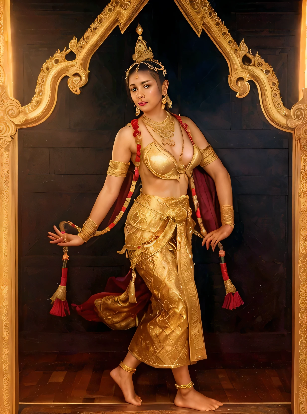แต่งตัวเป็นMrsแบบ (Mrs. Suwanmacha) In a Thai dance performance, Sam Chada and Jon Hu look like women in Thai paintings with their breasts bare., Boasting two companies, Round breasts. Seductive pink nipples Decorated with a sacred necklace, Chest flaps, เครื่องประดับเหมือนMrsอัปสรา. But it has a fish tail.. แต่งกายด้วยชุดจีวรลายไทยสีแดงลายทองเหมือนMrsในละครไทยและรำไทย, She wore gold bracelets and carried a clean white garland around her neck that was strung with white dahlias.. Her face was beautiful and youthful., Like a 16 year old girl, like a goddess. White yellow skin, sexy look, Beautiful and sensual. Realistic high resolution images. The details of the outfit and accessories are very beautiful.. Properly proportioned hands Studio lighting is not distorted or distorted.