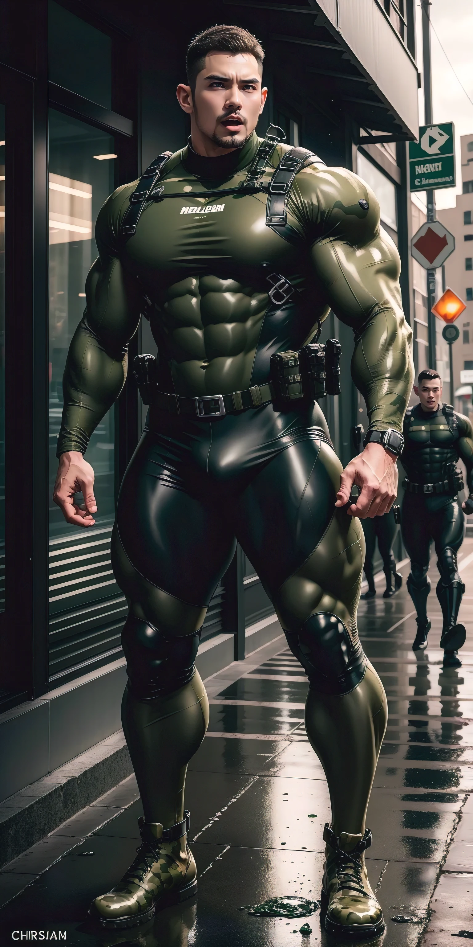 A tall, humongous large breast, Muscular man screaming with his mouth open.，Khaki camouflage uniform，character  design（Resident Evil - Chris Redfield，Chris Redfield）Wearing a khaki camouflage wetsuit，Matte texture，Regular symmetrical texture pattern，Standing on the street with octopus tentacles, Lots of slime octopus and sludge，expression sad，Deep and charming eyes，The hero with emerald pupils，heroic masculine pose，Tall and burly，musculous！Charming leg muscles，tall, Burly, and strong， Wearing a khaki camouflage wetsuit， Super gain and cool， commission for high resolution， Big feet in black boots，Charming strong man，Bright sunlight shines on the body，Matte particles with shiny texture