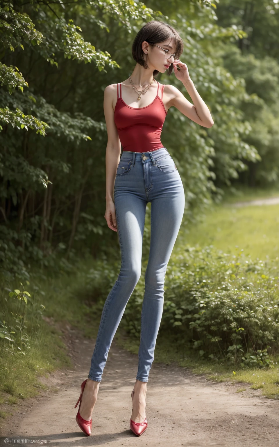 (8K, Masterpiece, RAW photo, Best quality, detail:1.3), (ultra realistic Natural background, scenary:1.5), Depth of field, Cinematic light, (ultra realistic face), (1 picture of 1 solo girl Airim Jones:1.6), 1girl, (Beautiful and elegant Russian girl), (skinny girl with glasses), (European face:1.3), (perfect complete full body:1.6), (full body shot including shoes:1.6), (perfect [frontal view|side profile|back profile]:1.5), (small necklace, collarbone:1.1), ( [bangs|pigtails|bob|pixie] hair:1.5), (ultra detailed skin:1.4), (sexy red minitop:1.5), (soft fabric miniTop:1.5), (Skinny Jeans:1.6), (perfect standing pose:1.5), (perfect long legs:1.35), (low rise jeans:1.5), (low waisted jeans:1.5), (perfect shoes:1.5), (perfect feet:1.5), (perfect oriented feet:1.4)