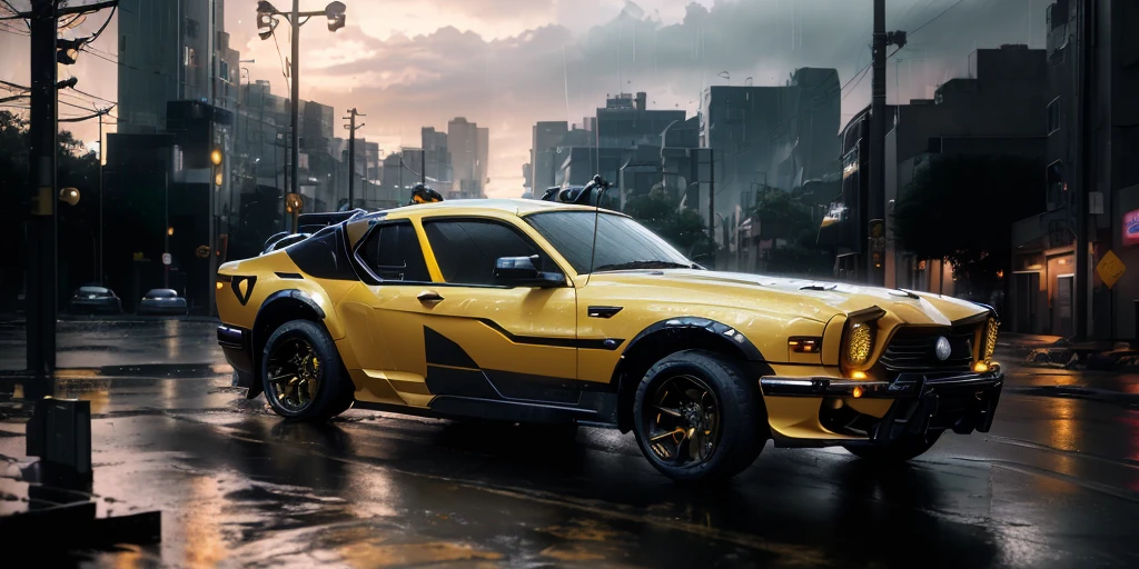 yellow car on a rainy street, octane cgsociety, bumblebee, badass anime 8 k, 4k post, 4 k post, fantasy style, octane trending on cgsociet