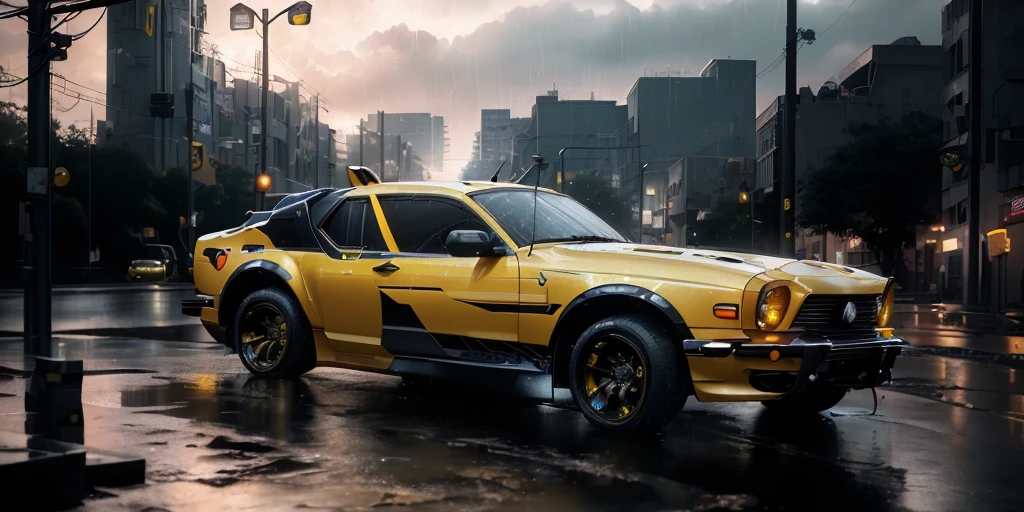 yellow car on a rainy street, octane cgsociety, bumblebee, badass anime 8 k, 4k post, 4 k post, fantasy style, octane trending on cgsociet