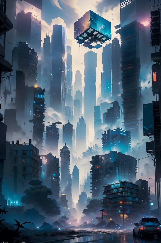 The sky above the bustling city,There is a square Rubik's cube the size of the moon floating in the sky.,The vitality of the city gradually dissipated,An unknown blue smoke rises in the sky,The sky of the city gradually turned gray,The whole city is lifeless,The ground is littered with cities