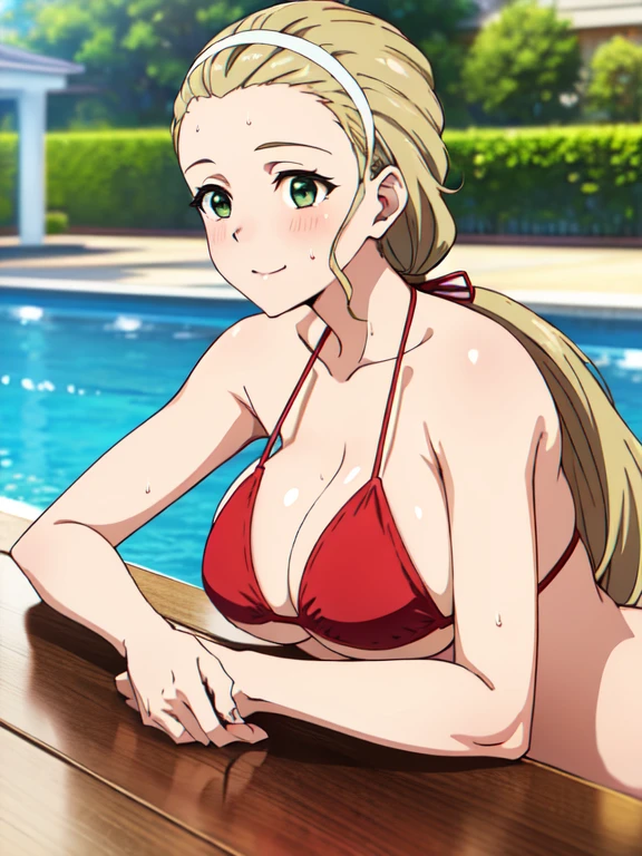 (masterpiece, top-quality, detaile, hight resolution, extremely delicate and beautiful, anime screen cap, anime colours, 8k, photorealistic), (red Micro Bikini:1.5), (huge drooping breasts:1.5, cleavage:1.5), akebi sasaki, hairband, 1girl, (), dark green eyes, smile, blush, ((leaning forward:1.5, Upper body, slim:1.5)), ((perfect detailed anatomy, Beautiful details eyes&hair, beautiful face, beautiful detailed breast&body, Shiny skin)), in poolside, Sweat,