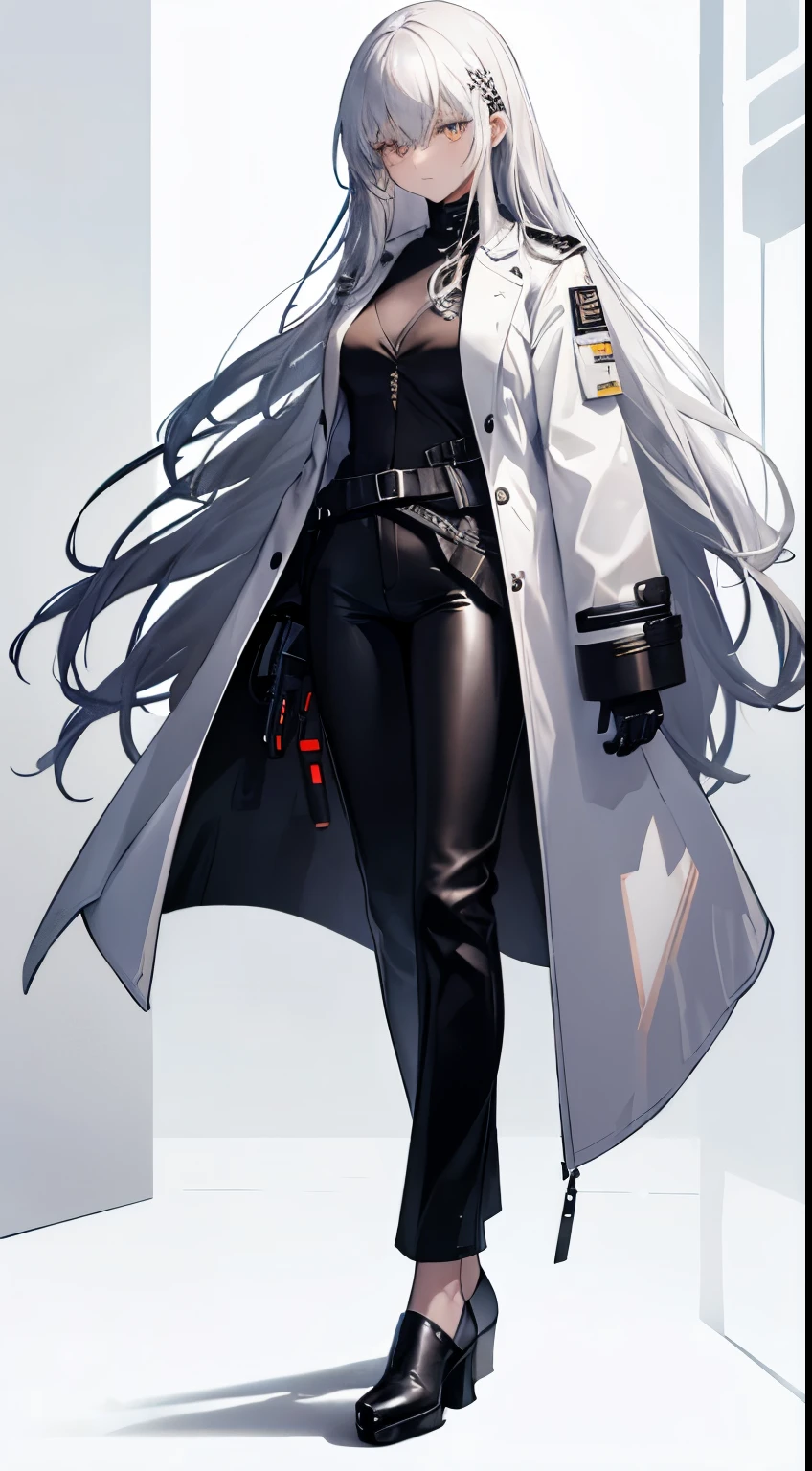 cyberpunk, highres, white background, standing, 1girl, solo, silver hair, yellow eyes, white shirt, black coat, leather pants, black pants, shoes, long hair, straight hair, hairpin, black footwear, glowing eyes, mature female, long coat, open coat, shirt tucked in, full body,