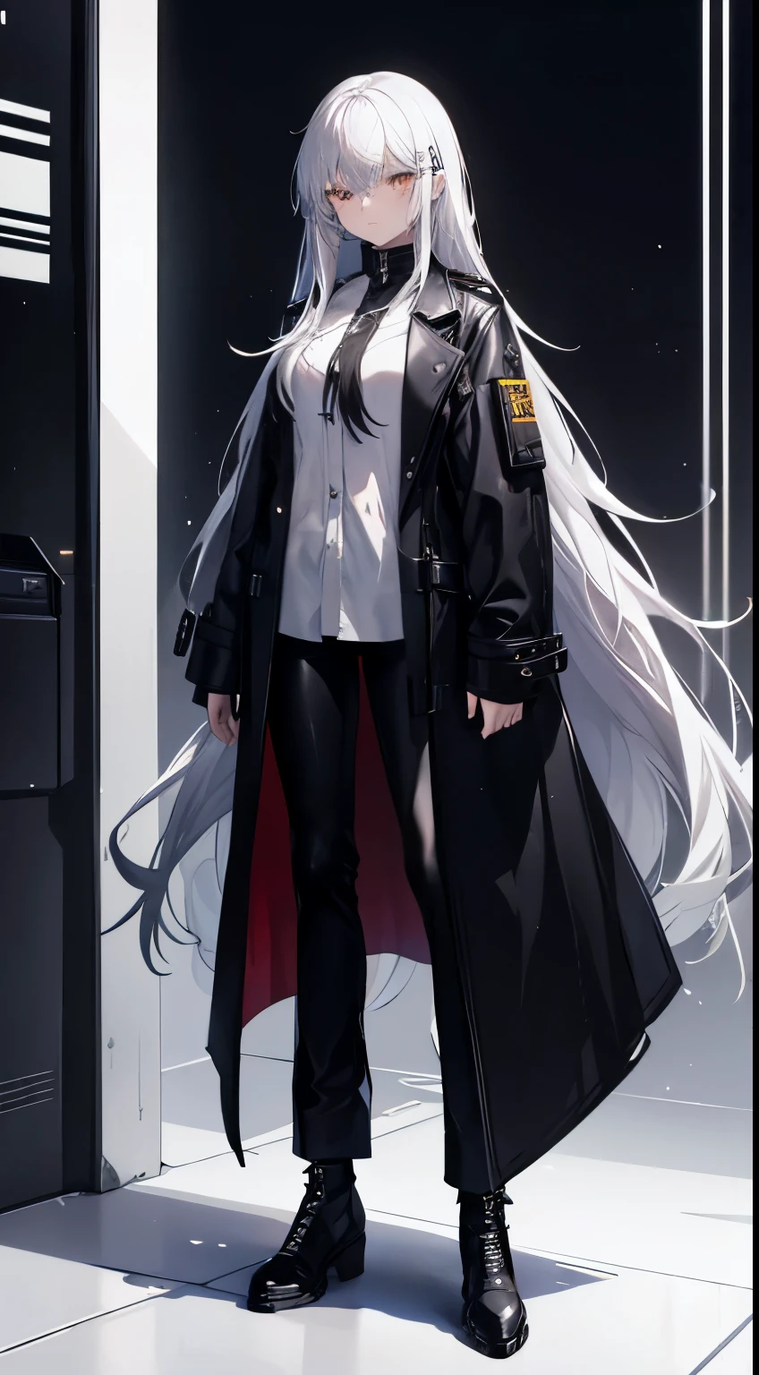 cyberpunk, highres, white background, standing, 1girl, solo, silver hair, yellow eyes, white shirt, black coat, leather pants, black pants, shoes, long hair, straight hair, hairpin, black footwear, glowing eyes, mature female, long coat, open coat, shirt tucked in, full body,