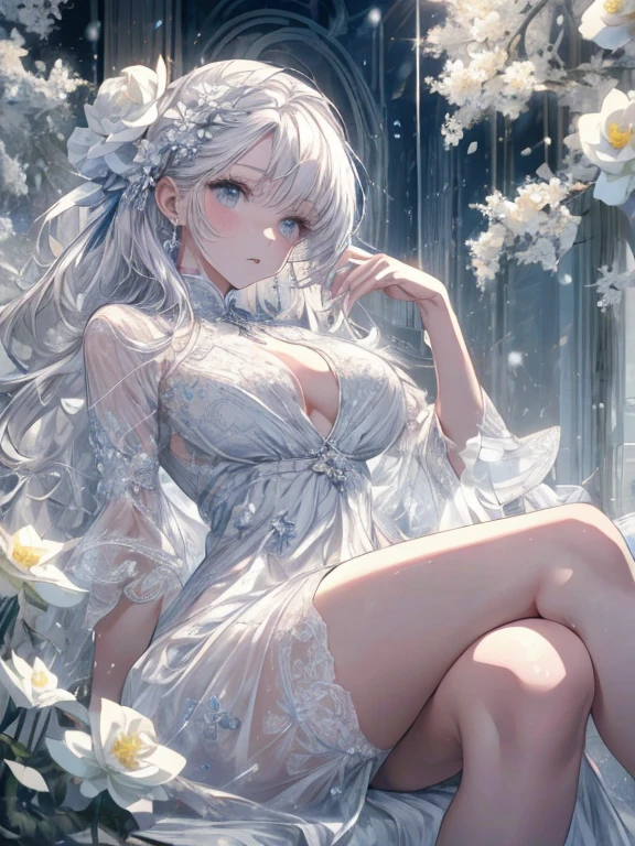 Paradise in Heaven, white light naste piece), (Best Quality), (Cinematic), 8K, (art  stations), Li Yue&#39;s style of painting.(長いWhite hairとSilvery eyesを持つ1人の女), (Beautiful delicate face)、[ particle roux full moon] [Frozen trees々] [landscape crystal] [Lighting] [Ethereal Atmosphere]:1.1] [Fantasy, short story] [soft Lighting] [+Cinematic shot]:1.2 [+art  stations] [+Light white background] [+soft Lighting] [soft glow] [Creative and dynamic angles]:1.3, [+crystal tonina steppiece, ighly detailed, Ultra-detailed, Solo, (pale skin), Silvery eyes, White hair, (snowy background), (snowflake rose flower:1.0), (shining crystals),, (Snowy ground), (sexy white lacy mail、dreamy and detailed, Gorgeous settings, 妖しい雰囲気 masutepiece, The most beautiful scenes, An majestic、(((Filled with white flowers)))、quiet and serene atmosphere、A charming, all white tones,Inside the crystal library,Transparent flowers and falling snow，Many white roses are planted,(flowingwater,falls,water bloom),The decoration is also carefully finished..,Dreamy（ighly detailedです，Creative Design，crisp and precise lines，K HD，best qualtiy，tmasterpiece，超hight resolution，4K）、Beautiful white flower hair ornament in diverse poses))、Beautiful hairstyle、(Best Quality, 4K, 8K, hight resolution, masutepiece:1.2), Ultra-detailed, Detailed expression, Graceful posture, expressive brush strokes, mystic atmosphere, artistic interpretation,Delicate floral jewelry， (((Detailed design、Beautiful dress with sheer lace、see-through little dress)))、(SFW:1.5), (Oversized breasts, best body proportions, The proportion of large breasts,:1.5),(Regular crystal accessories on the arms are decorated in white。))、(((Design with wide open chest)))