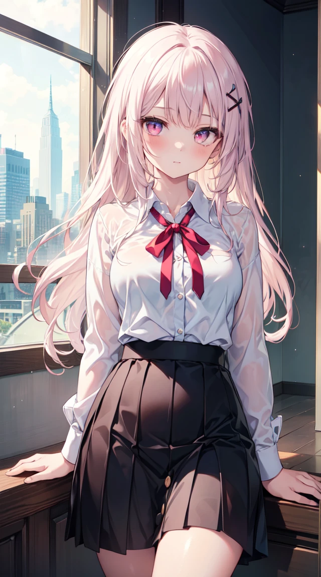 (Delicate and beautiful eyes and delicate face, Masterpiece side light, tmasterpiece, Best quality at best, Detailed pubic hair, high-resolution illustrations), (1 girl, beuaty girl, Glossy glossy skin, looking-down, looking at viewert), ( long azure hair, a pink eyes, a skirt, ribbons, Button-up shirt) 45 degree, top views, Side Body, (Hand detail)