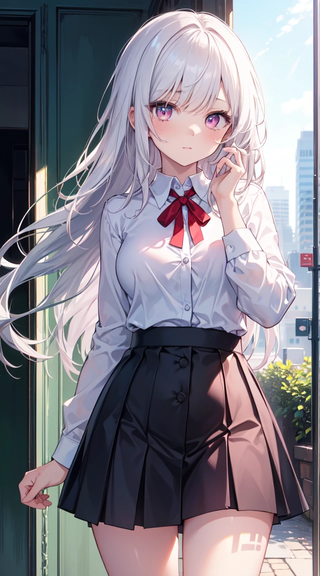 (Delicate and beautiful eyes and delicate face, Masterpiece side light, tmasterpiece, Best quality at best, Detailed pubic hair, high-resolution illustrations), (1 girl, beuaty girl, Glossy glossy skin, looking-down, looking at viewert), ( long azure hair, a pink eyes, a skirt, ribbons, Button-up shirt) 45 degree, top views, Side Body, (Hand detail)