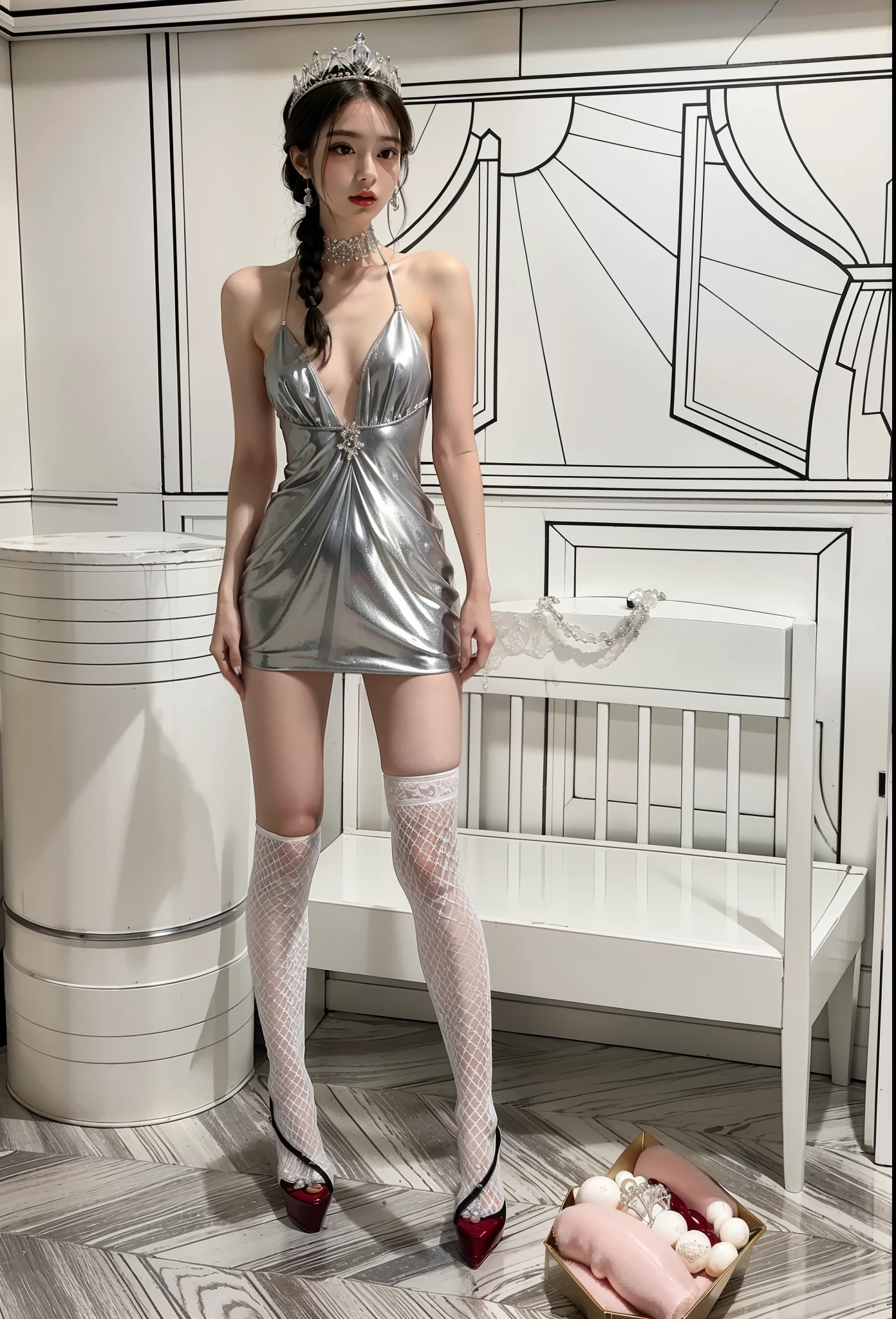 Imperial sister,詳細な目,Detailed facial expressions,Ripe body,Tall figure,the number,legs long,4K,k hd,fleshy feeling,White translucent lace,Fair and plump figure,Nice face,Cherry small mouth,beautiful and delicious(3D royal sister),Exquisite dresses,Wear crystal ruby red high heels,Silver cuirass,Gorgeous crystal gemstone dress,Gems and Jewelry,Bejeweled Crown,