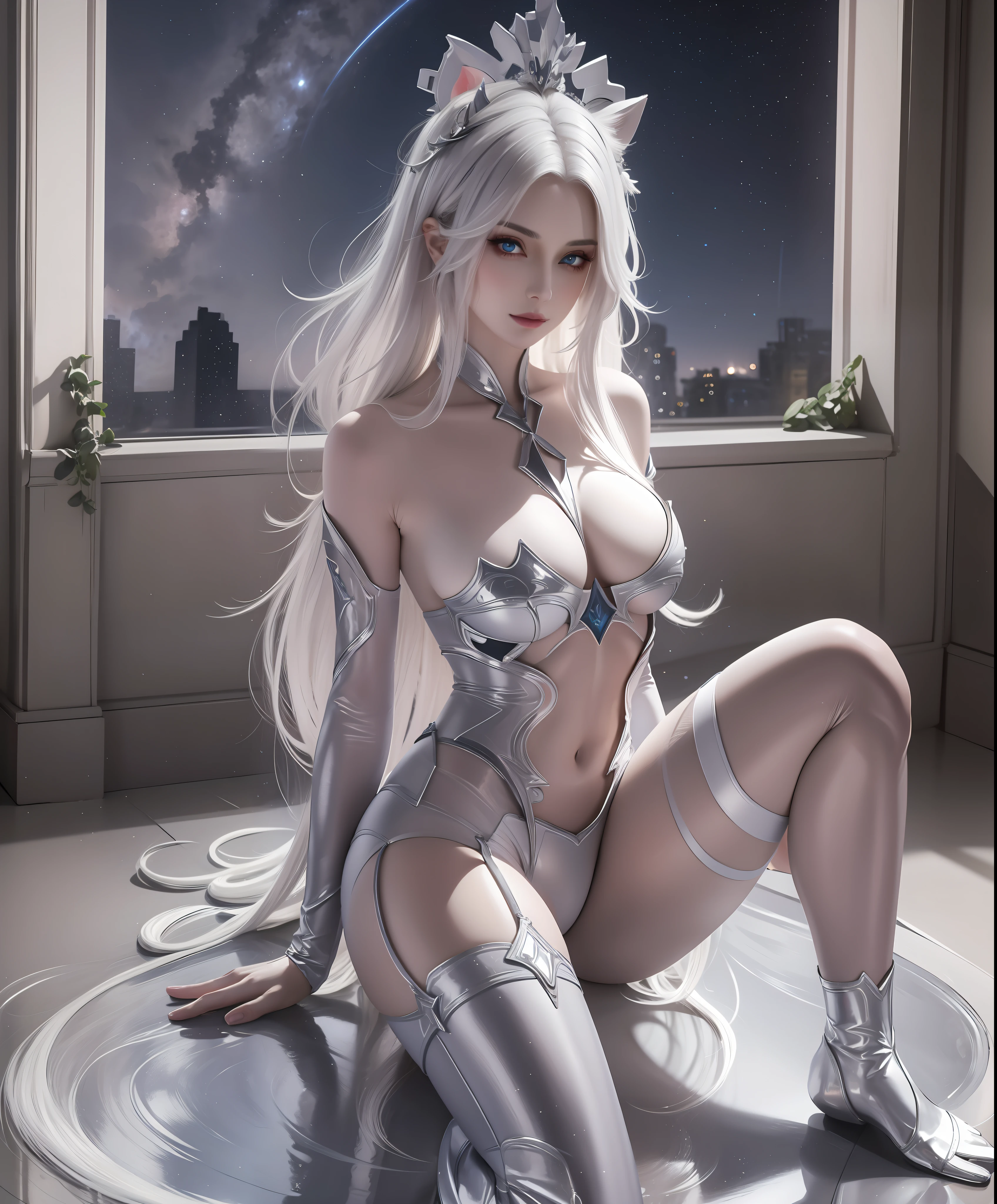 Highly detailed, realistic professional photos,Full Shot,full bodyesbian,straight lens,one girls,Silver hair,eBlue Eyes,Long Whitr hair,big round breasts,afloat,sitting pose,Staring straight ahead,open your legs,Sexual location,bite one's finger,I'm ashamed,stooped,Poke your ass,rounded ass,straight buttocks,(Pantyless),Power Pose,halo,Succubi,satisfied eyes,looking into the distance,Stand under the stars,Attention to detail,The background is a comet and nebula.,Light Stre,cinematic lightings,side lights,Dark and detailed galaxy background,8K, 4k, (k hd: 1.1), best qualtiy (tmasterpiece: 1.3),embarrassing clothes,bath photos,