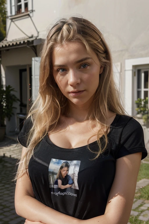 Fotos, (fotorealistisch: 1.4), (hyperrealistisch: 1.4), (filmisch: 1.5), Frau in ihren 20ern, Deutschland, Tag, Blaues Licht, Spannung, blondes Haar, Sonne, Urlaub, schwarzes T-Shirt